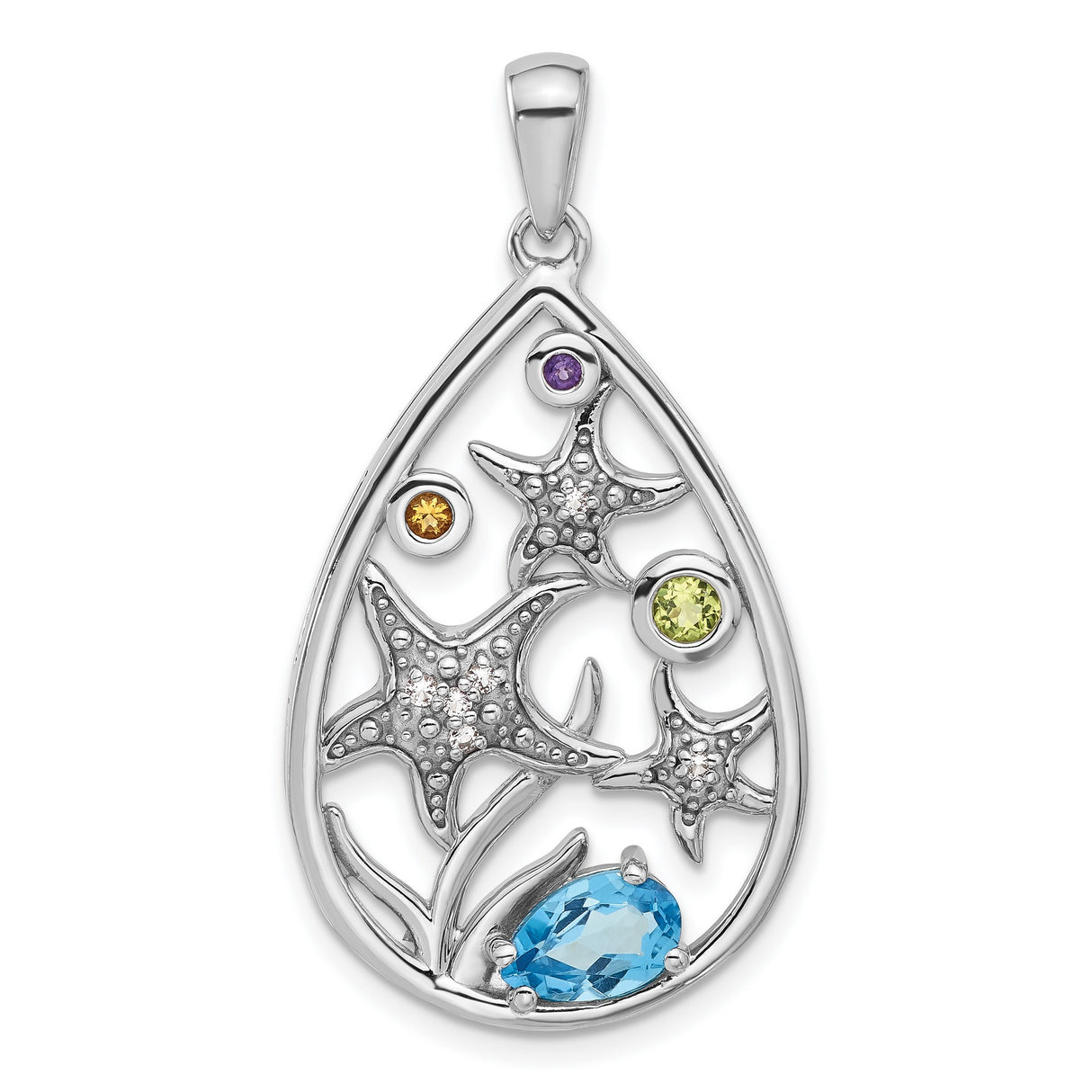 Sterling Silver Teardrop Starfish Pendant with Citrine and Peridot, Ocean Theme Jewelry
