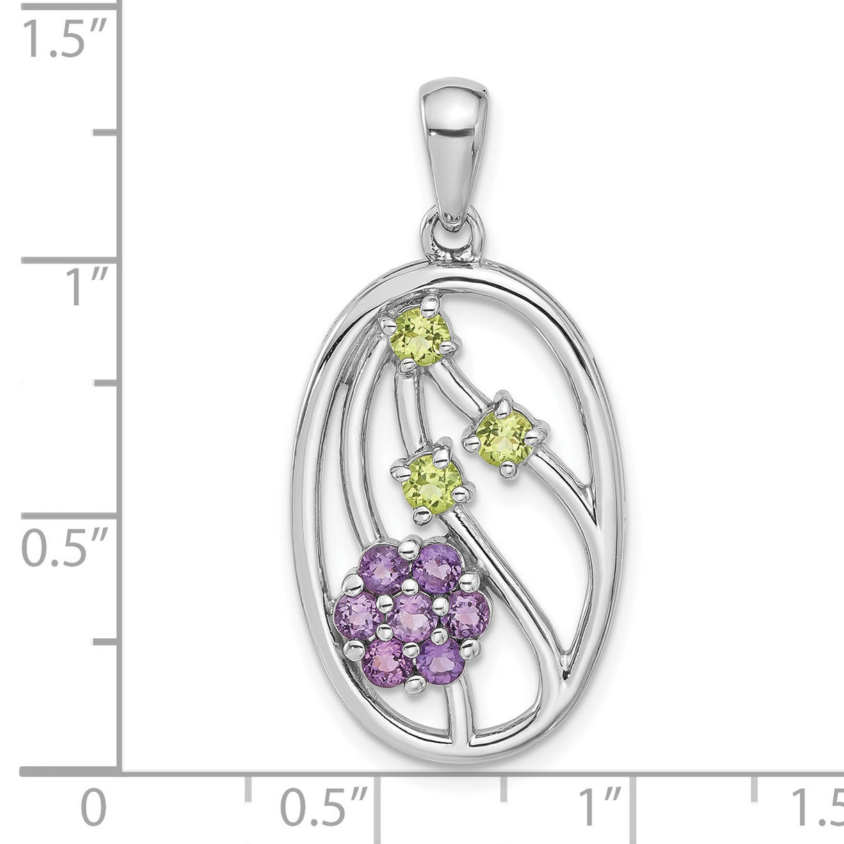 Sterling Silver Pendant with Peridot and Amethyst, Floral Open Oval Garden-Inspired Design