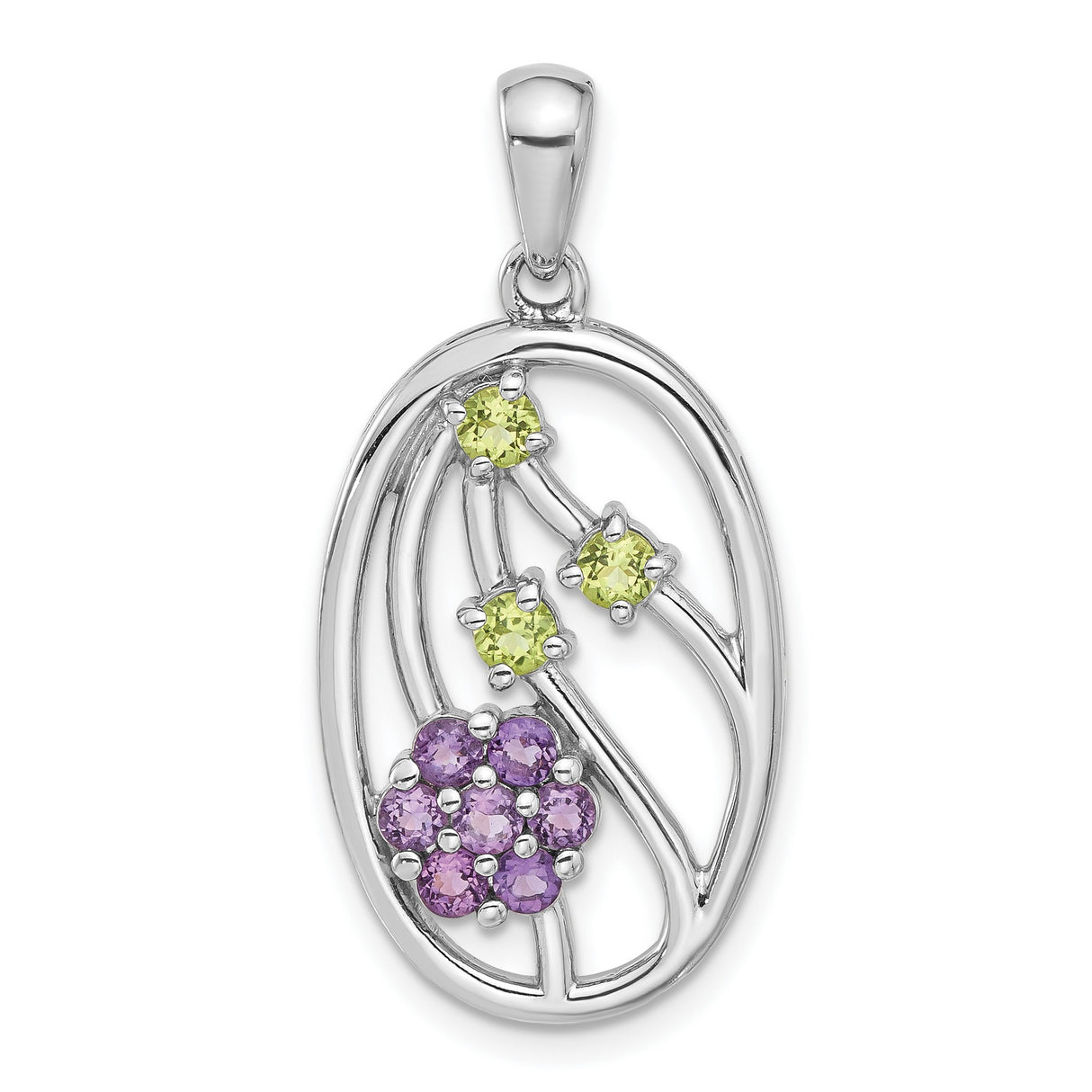 Sterling Silver Pendant with Peridot and Amethyst, Floral Open Oval Garden-Inspired Design