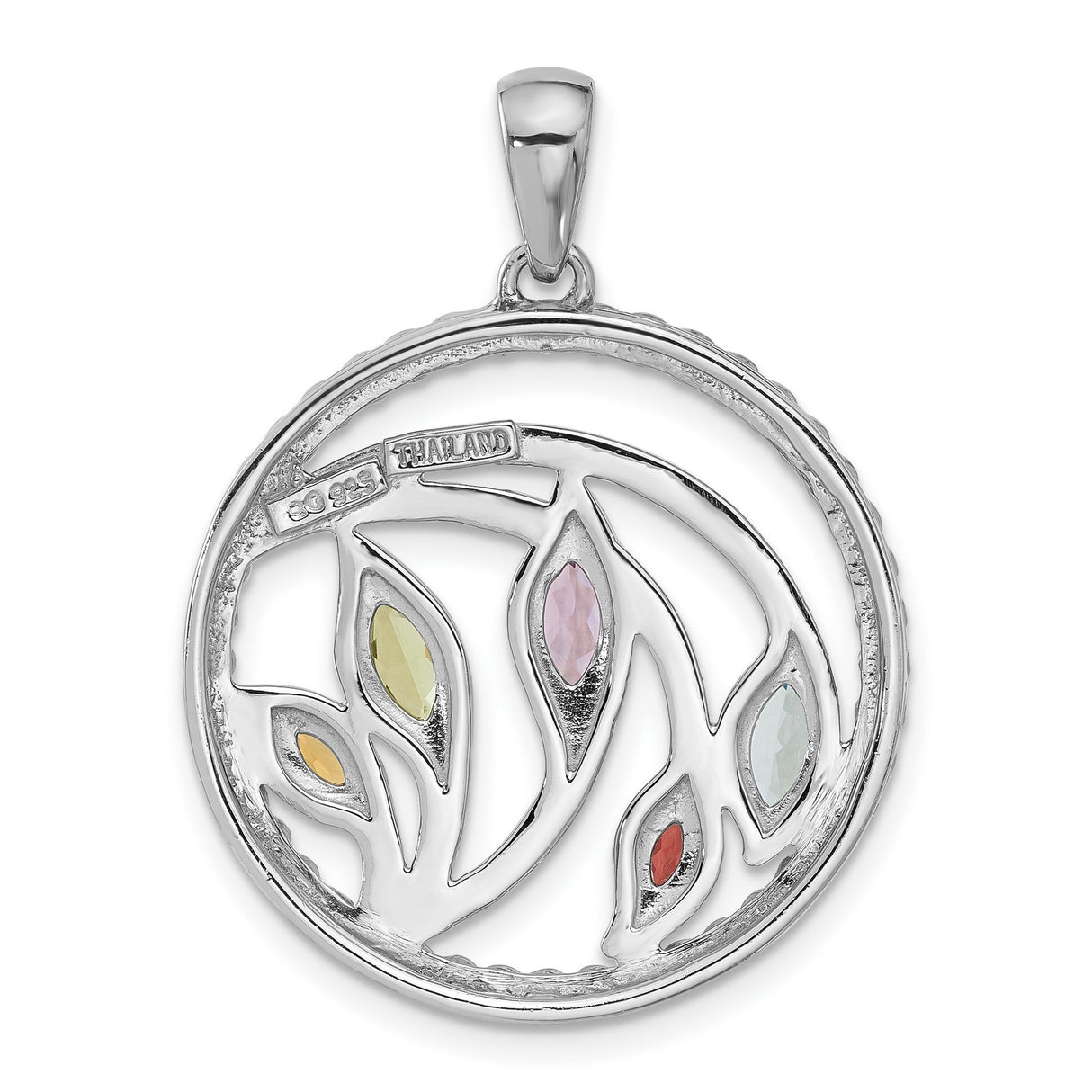 Sterling Silver Tree Pendant with Swiss Blue Topaz and Garnet, Twisted Rope Border, Nature Theme