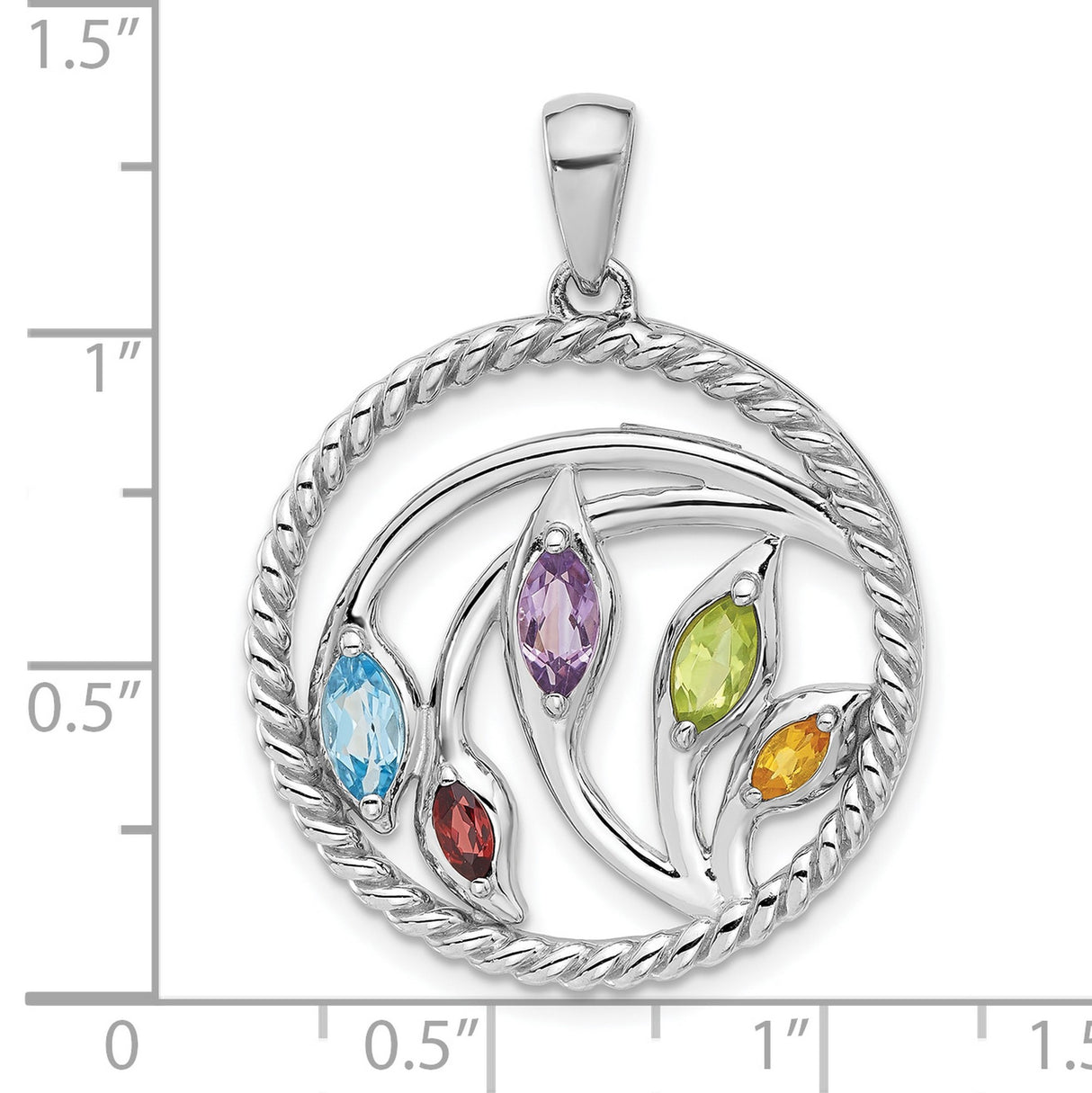 Sterling Silver Tree Pendant with Swiss Blue Topaz and Garnet, Twisted Rope Border, Nature Theme