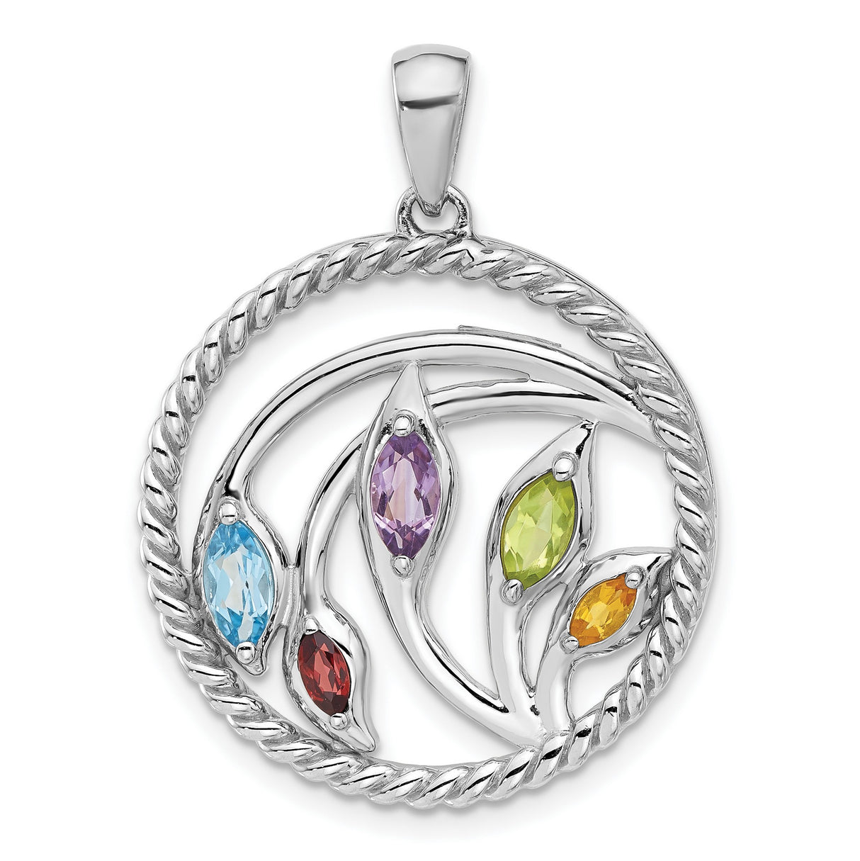 Sterling Silver Tree Pendant with Swiss Blue Topaz and Garnet, Twisted Rope Border, Nature Theme