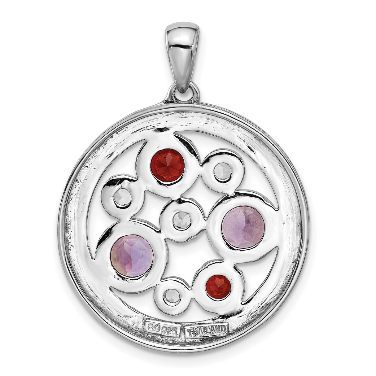 Sterling Silver Pendant with Amethyst and Garnet, Twisted Rope Circle Design