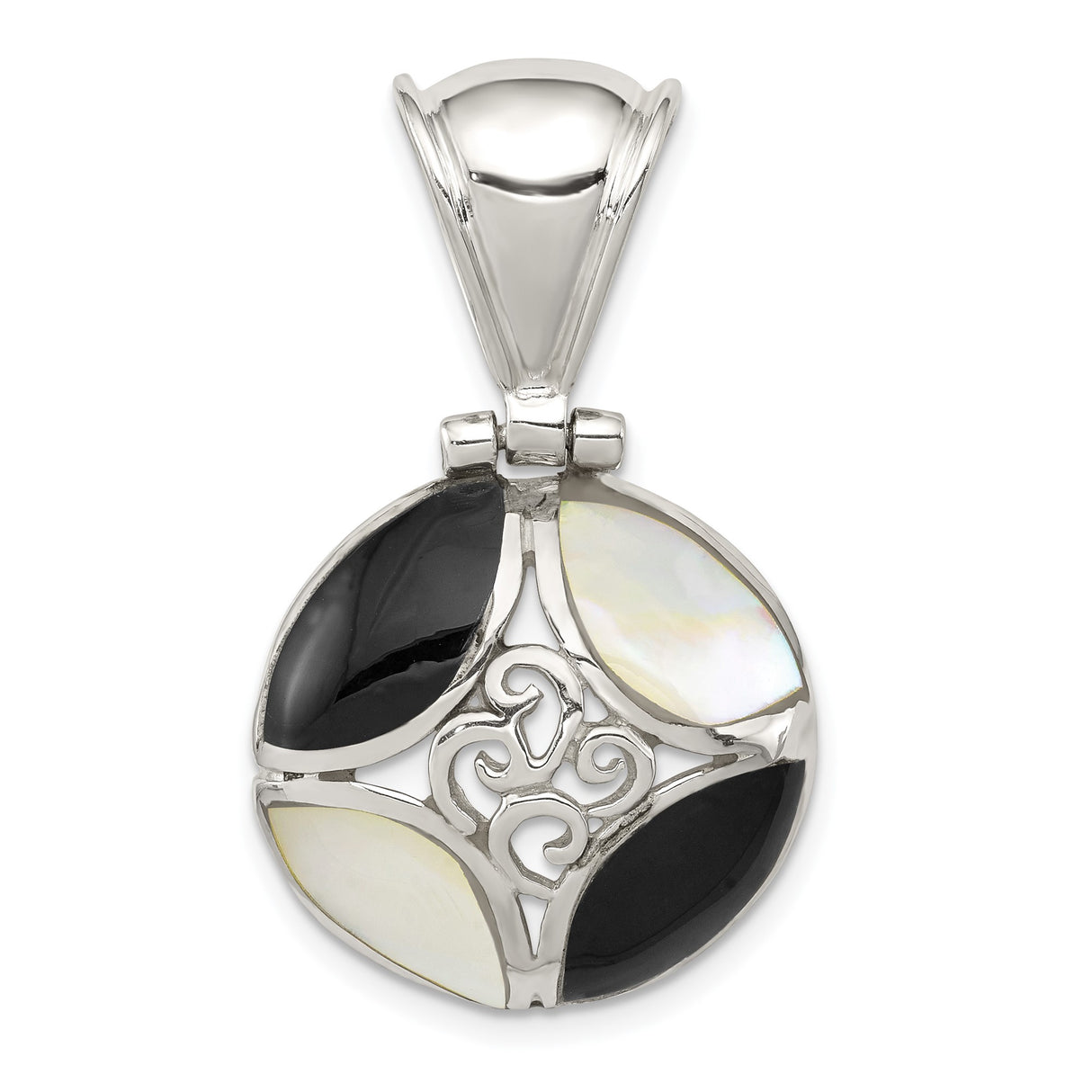 Sterling Silver Celtic Triskelion Pendant with Mother of Pearl and Onyx Inlays for Women