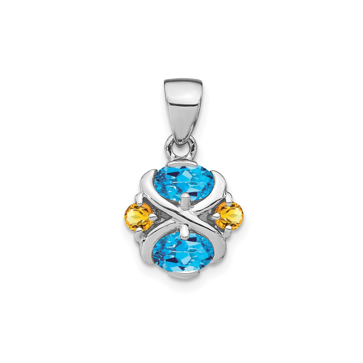 Sterling Silver Pendant with Oval Blue Topaz and Round Citrine in Crisscross Design