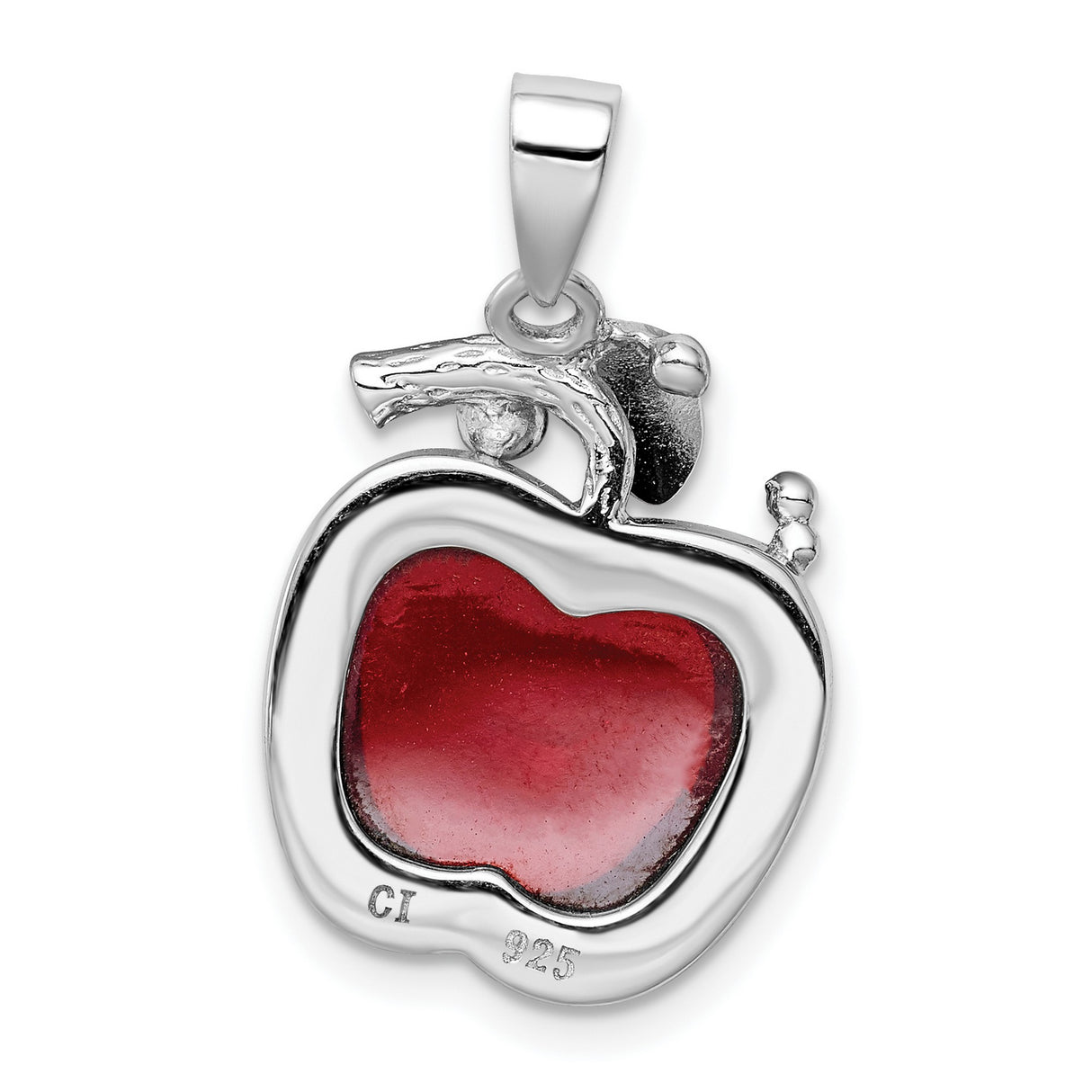 Sterling Silver Apple Pendant with Red Enamel, Leaf and Branch Detail, Cubic Zirconia Accents