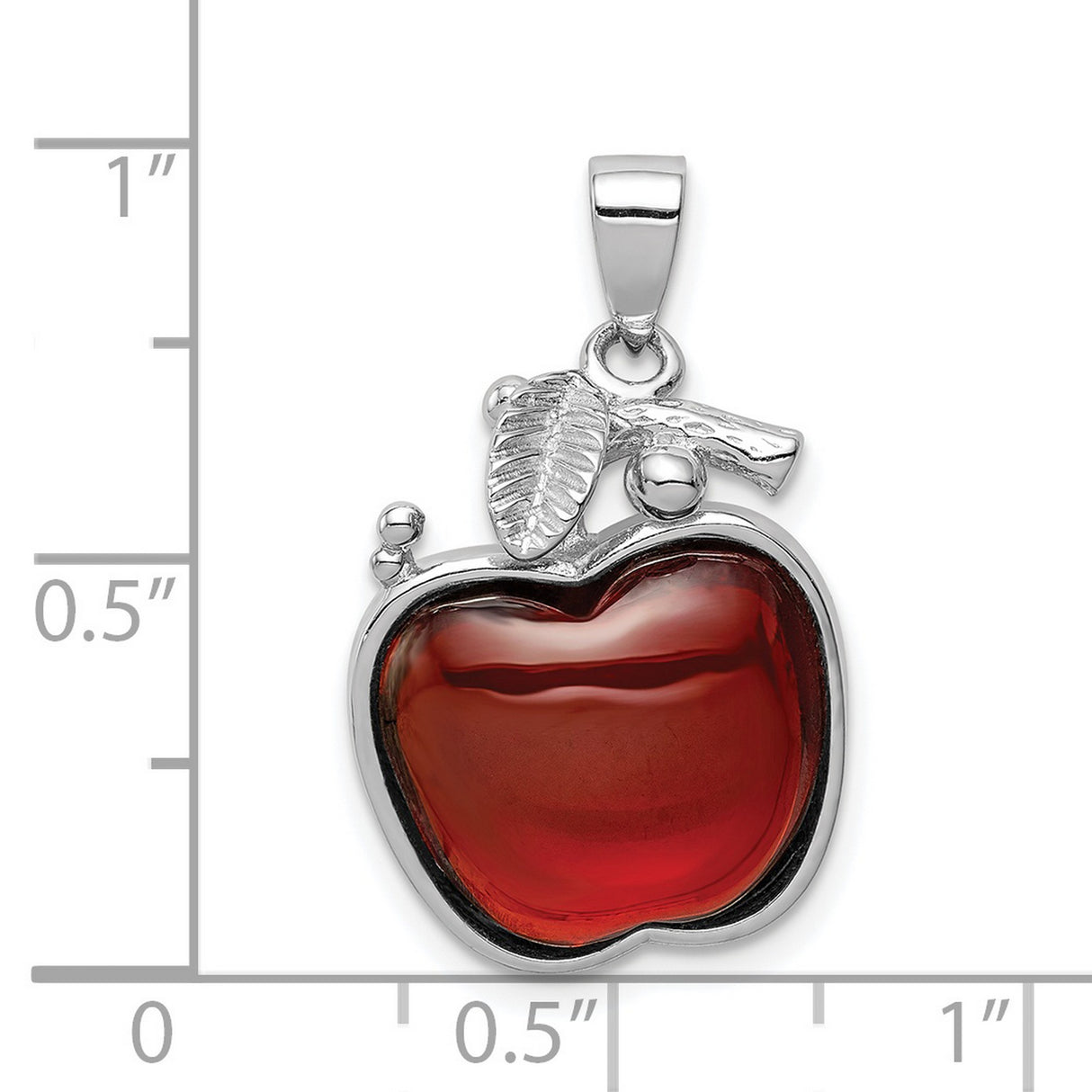 Sterling Silver Apple Pendant with Red Enamel, Leaf and Branch Detail, Cubic Zirconia Accents