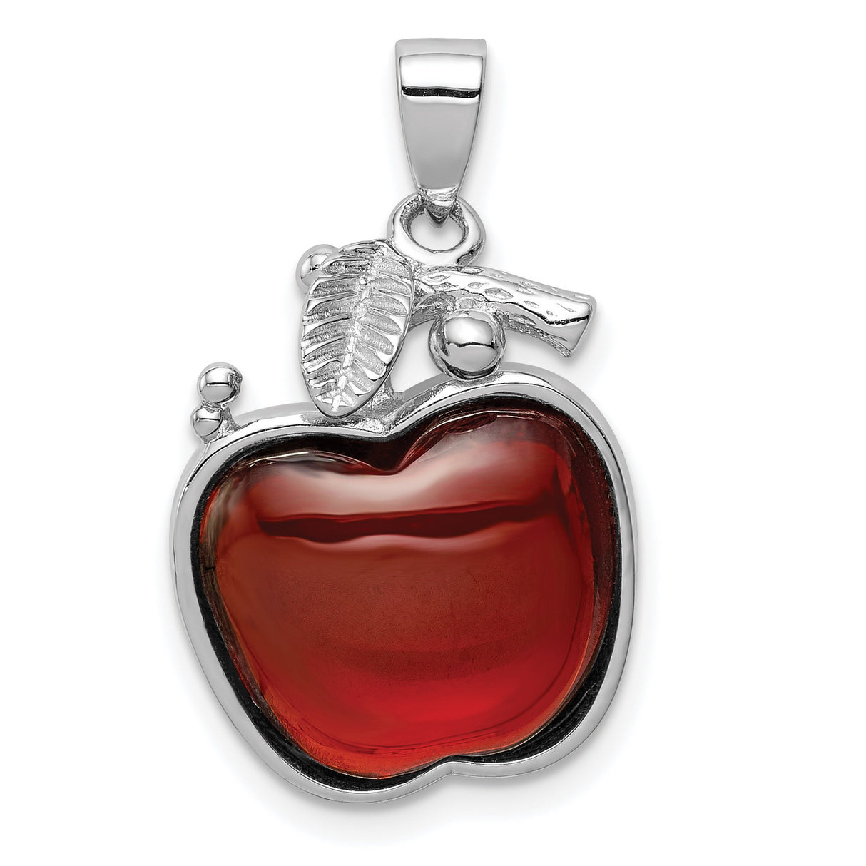 Sterling Silver Apple Pendant with Red Enamel, Leaf and Branch Detail, Cubic Zirconia Accents