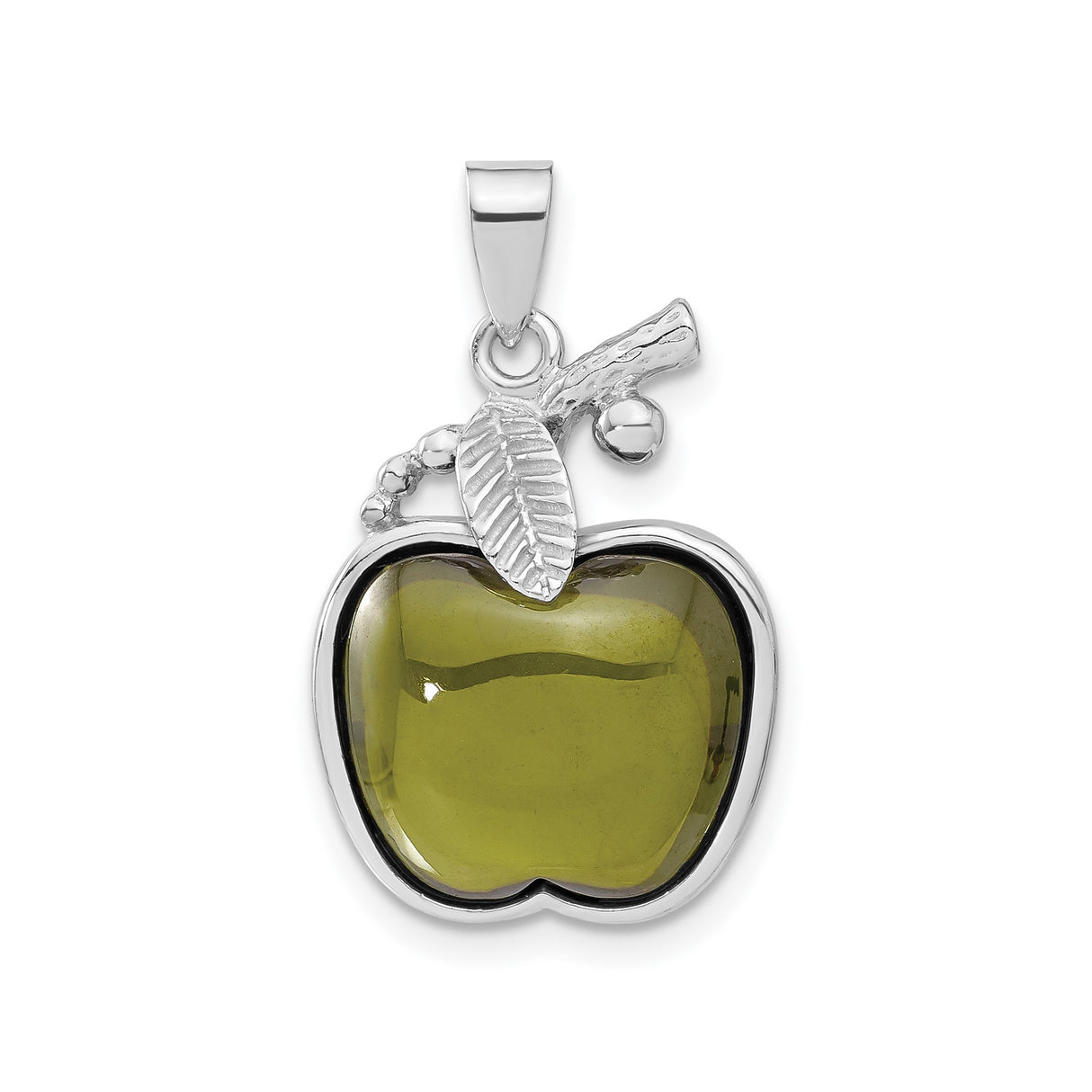 Sterling Silver Apple Pendant with Cubic Zirconia, Leaf and Branch Nature Motif