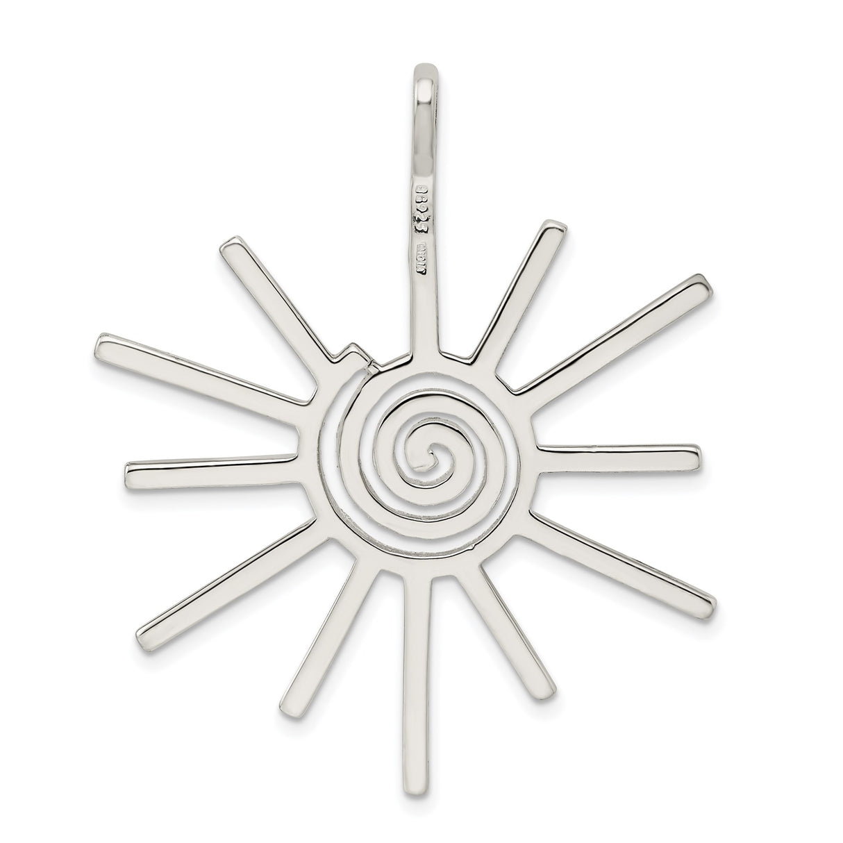 Sterling Silver Sunburst Pendant with Spiral Center, Boho Tribal Sun Medallion Charm