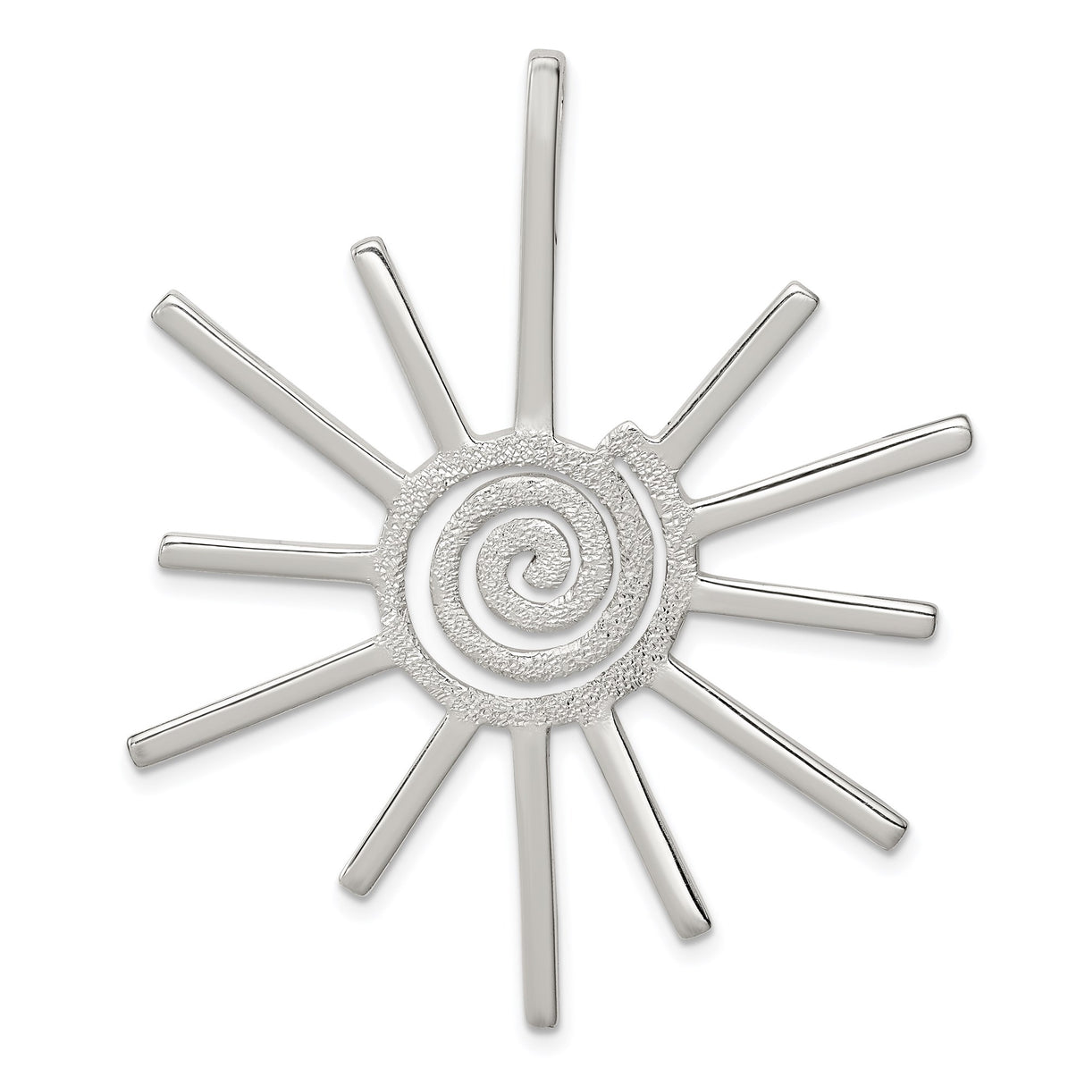 Sterling Silver Sunburst Pendant with Spiral Center, Boho Tribal Sun Medallion Charm