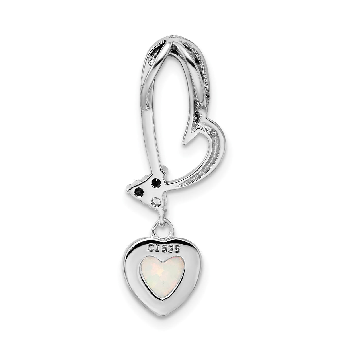 Sterling Silver Pendant with Curved Open Heart, Dangle Opal Heart and Cubic Zirconia Accents