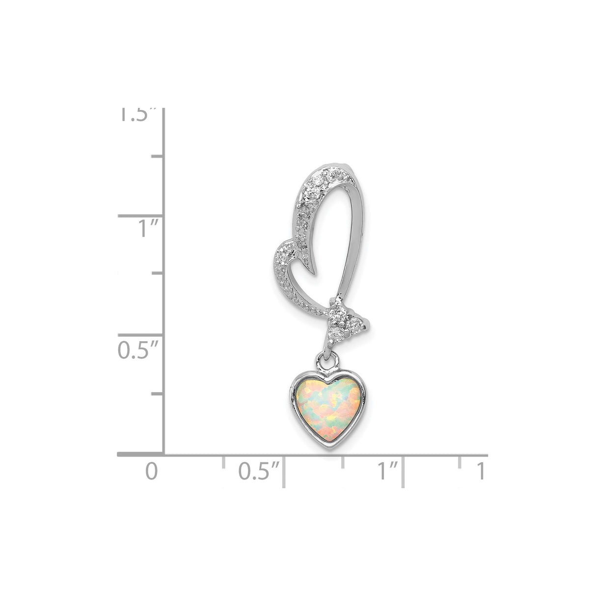 Sterling Silver Pendant with Curved Open Heart, Dangle Opal Heart and Cubic Zirconia Accents
