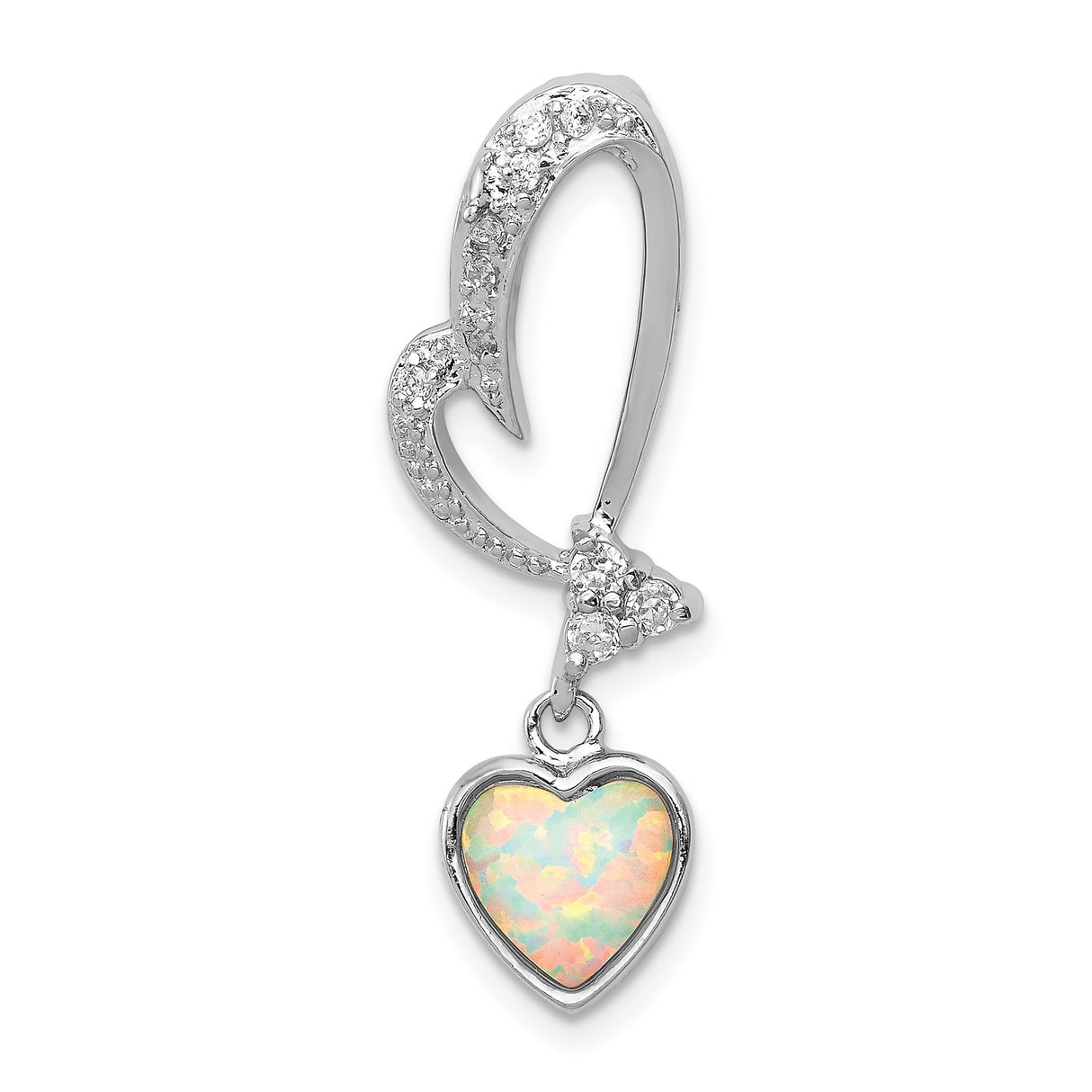 Sterling Silver Pendant with Curved Open Heart, Dangle Opal Heart and Cubic Zirconia Accents