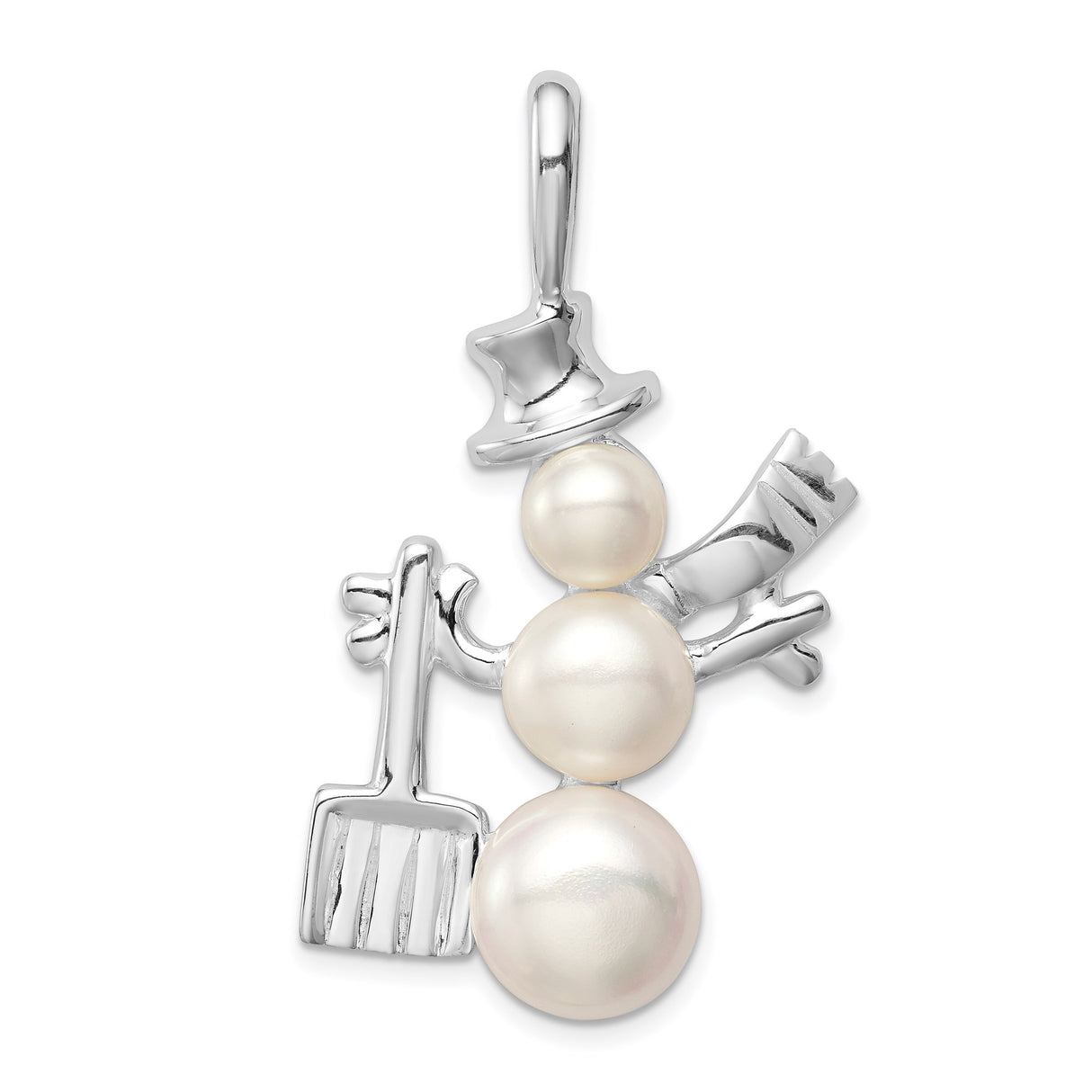 Sterling Silver Snowman Pendant with White Pearls, Top Hat, Scarf, and Shovel Charm