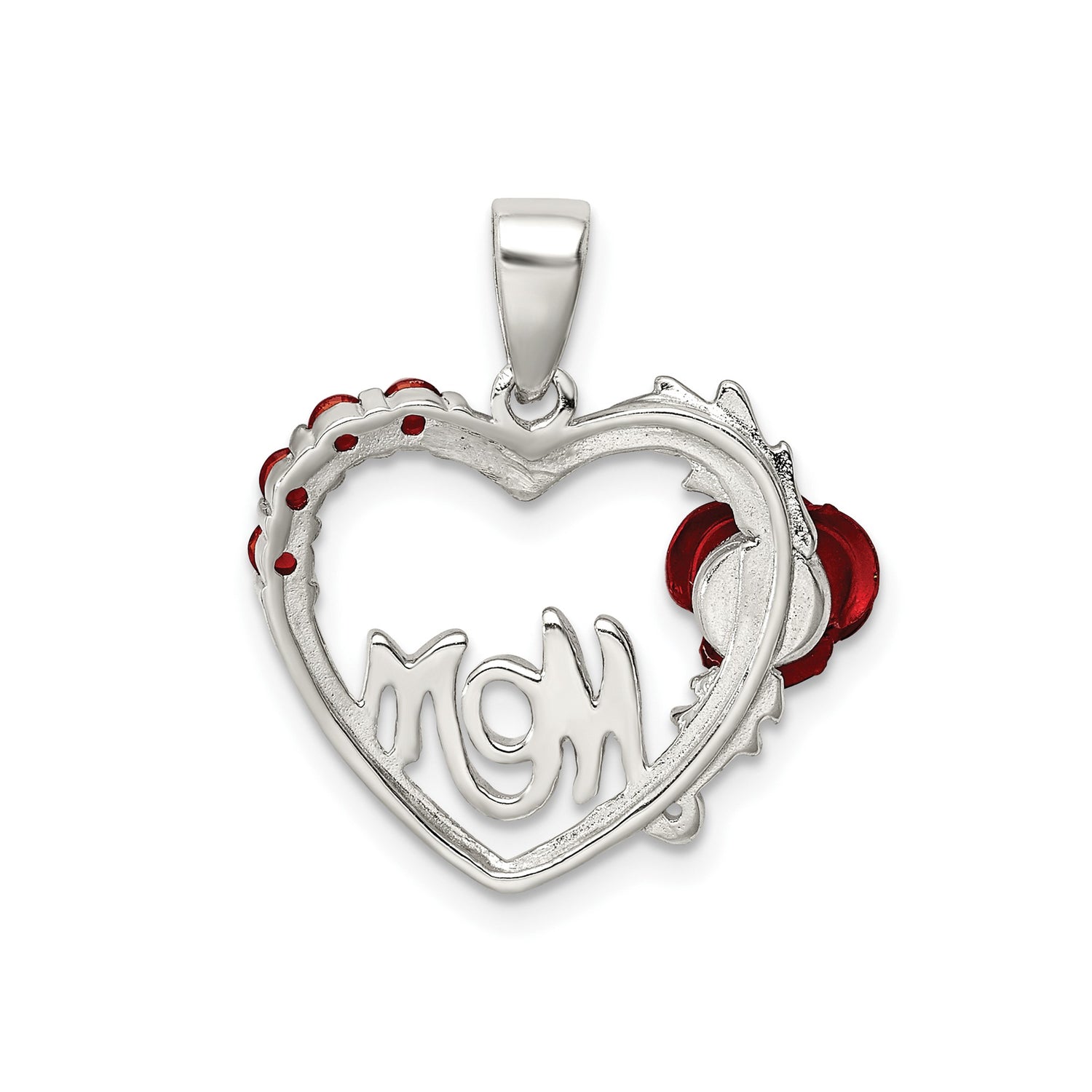 Sterling Silver Heart Pendant with Cubic Zirconia, Red Rose and Gold Script Mom Design