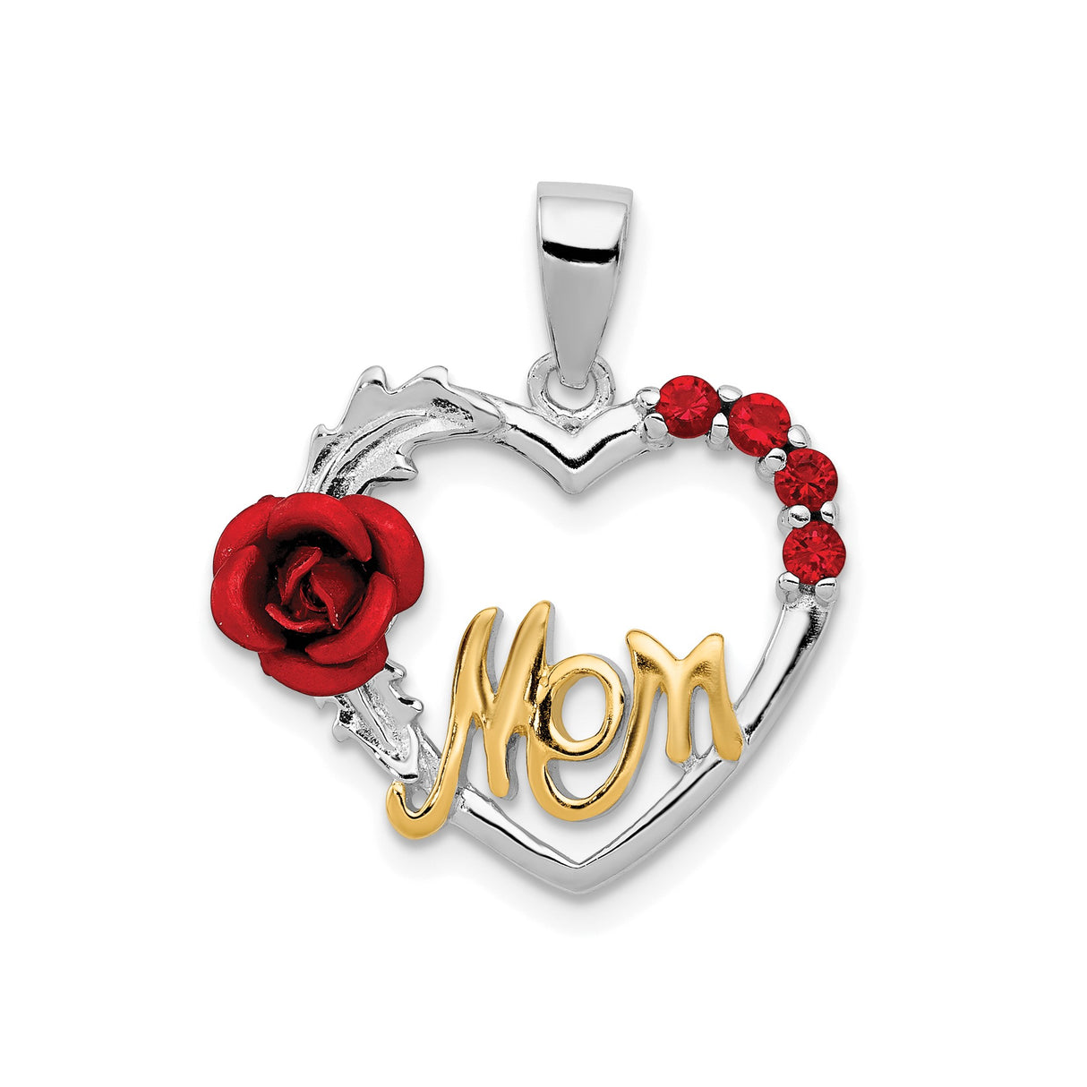 Sterling Silver Heart Pendant with Cubic Zirconia, Red Rose and Gold Script Mom Design