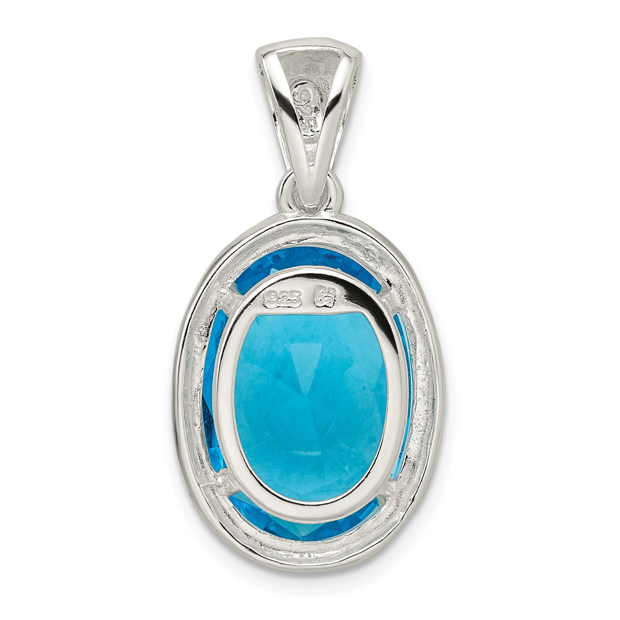 Sterling Silver Pendant with Oval Blue Cubic Zirconia and Textured Halo Design