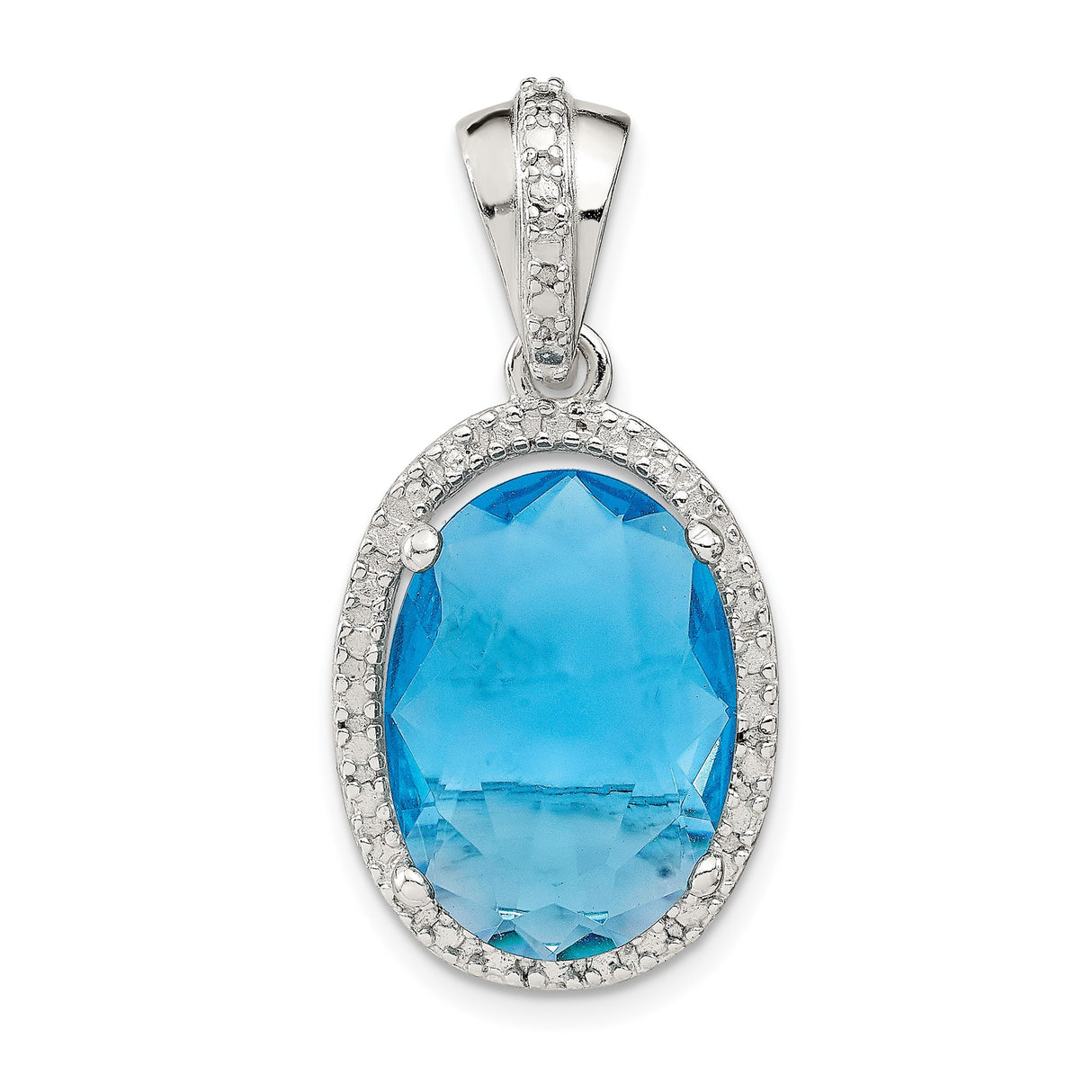 Sterling Silver Pendant with Oval Blue Cubic Zirconia and Textured Halo Design