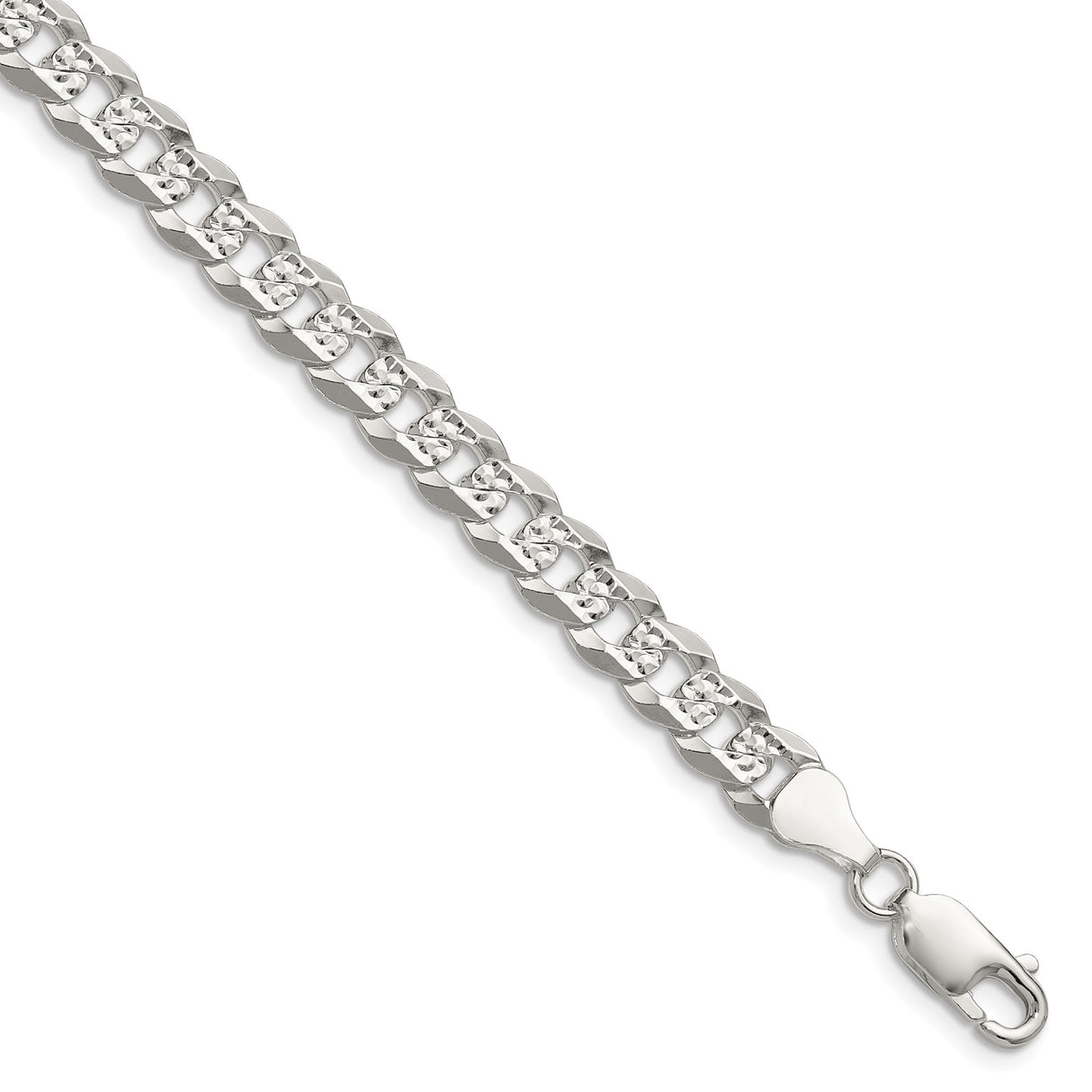 925 White Gold 6.75 mm Curb Chain Bracelet, Polished shown for scale