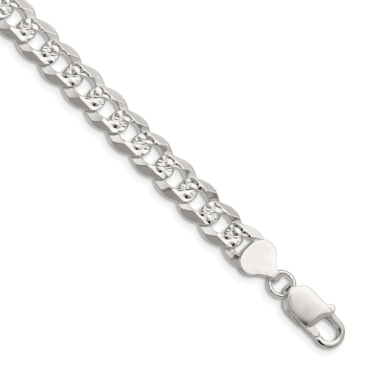 925 White Gold 8.25 mm Curb Chain Bracelet, Polished shown for scale