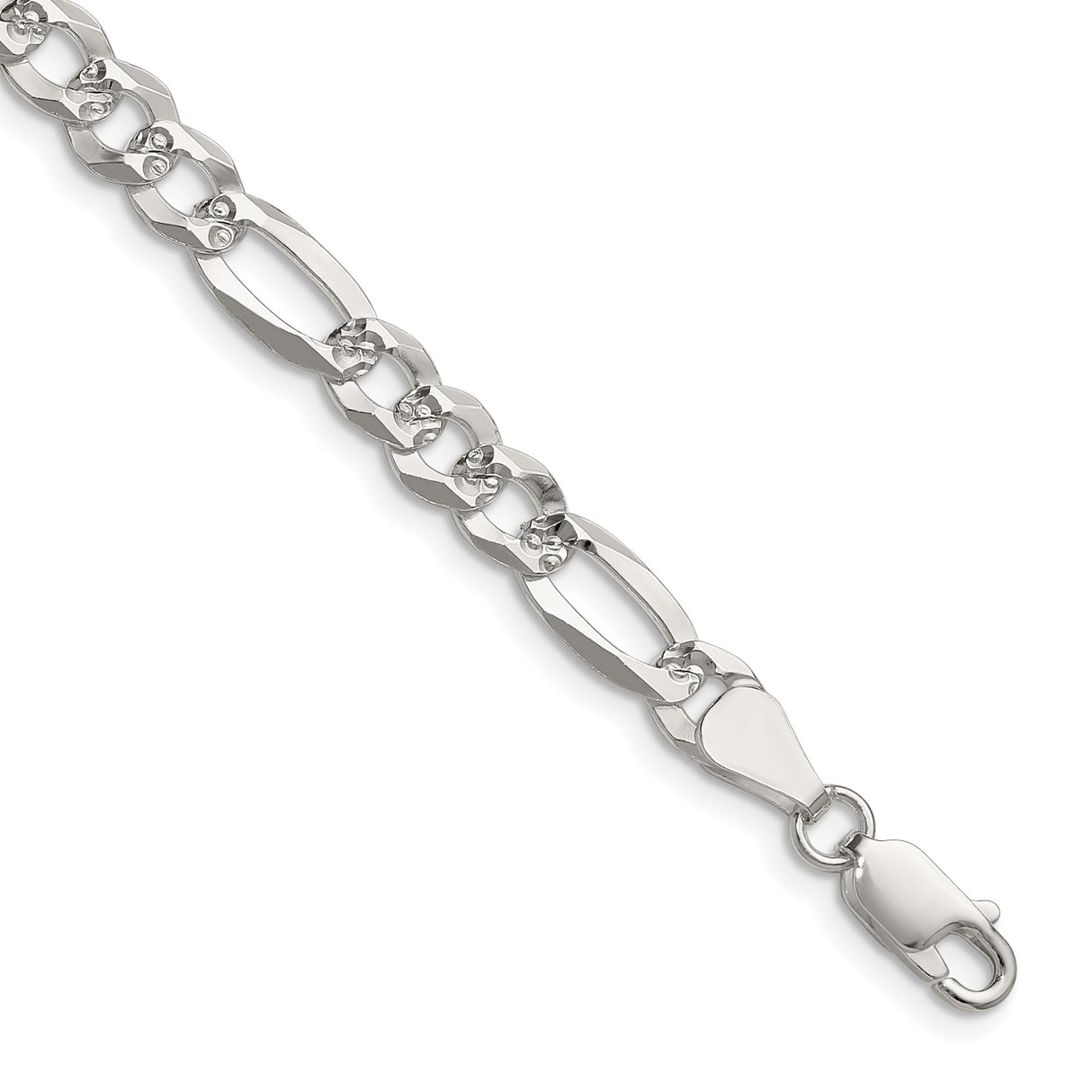 925 White Gold 6.1 mm Figaro Chain Necklace, Polished detail view