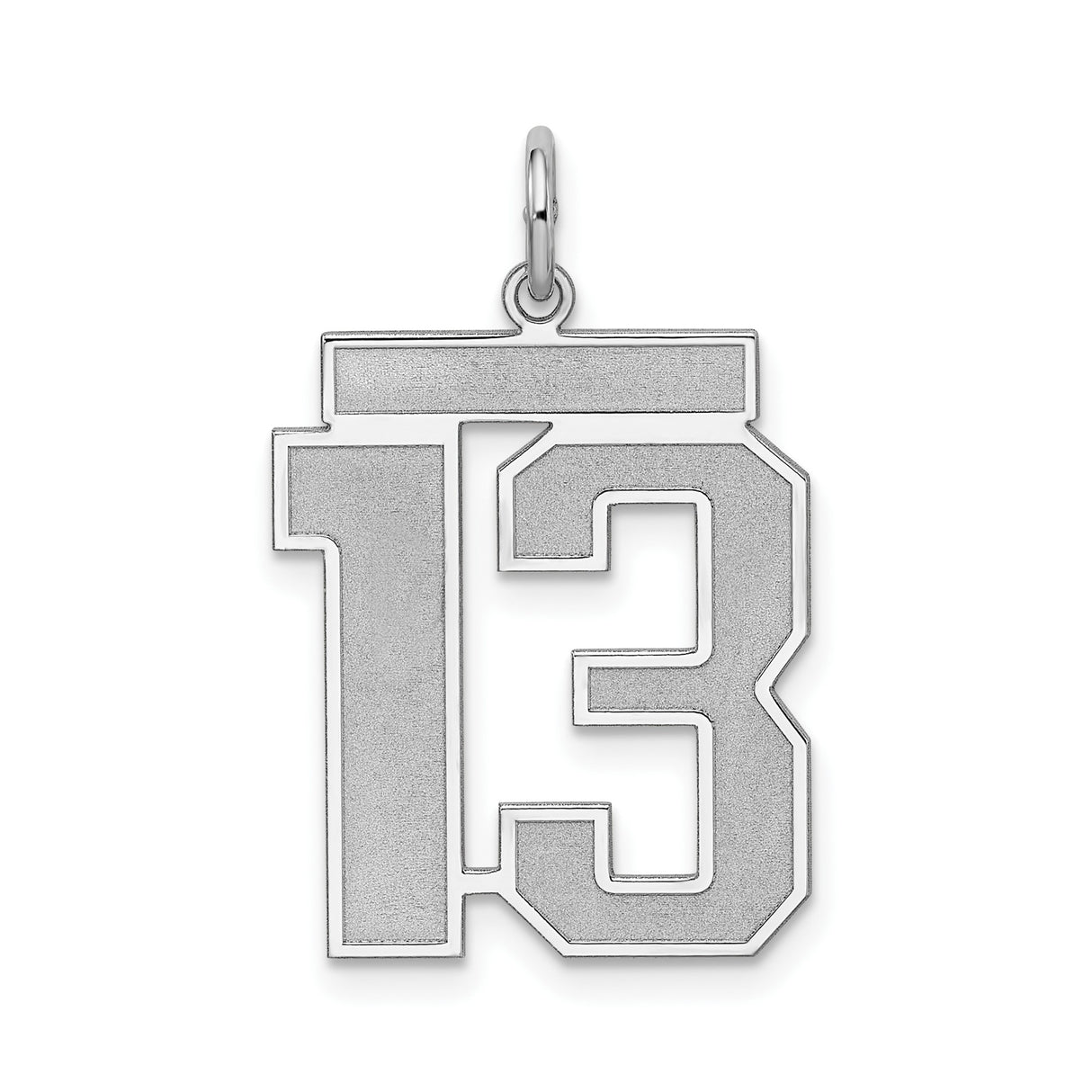 Sterling Silver Pendant Charm, Number 13 in Bold Block Font, Satin Finish Unisex Design
