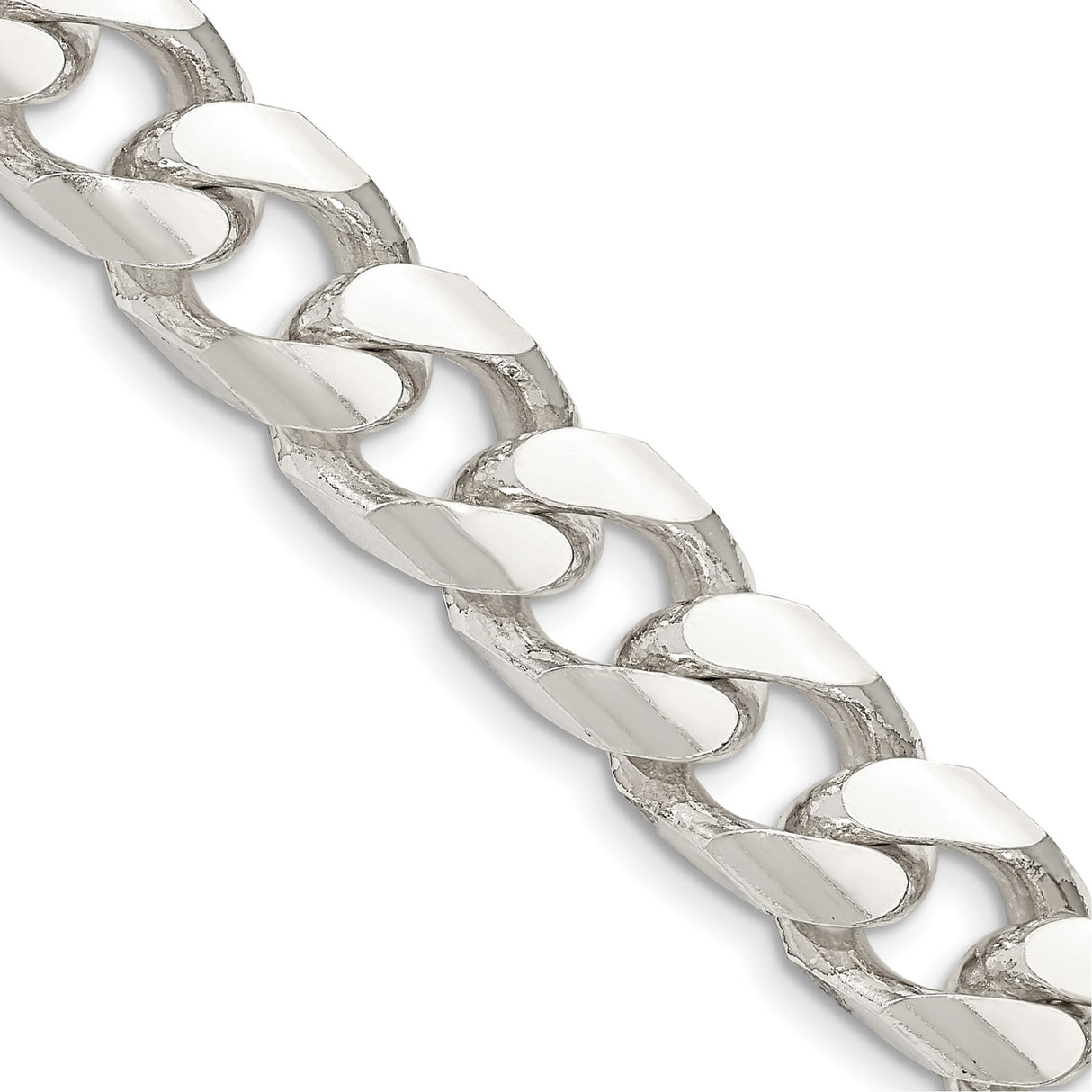 925 White Gold 11 mm Curb Chain Necklace, Polished detail view