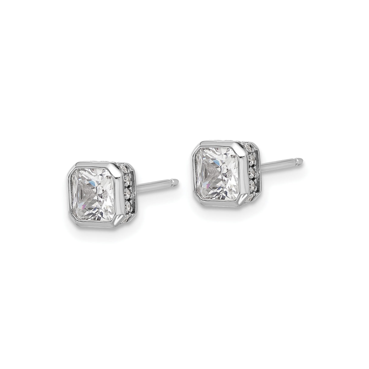 Sterling Silver Stud Earrings with Square Cut Cubic Zirconia and Halo Design