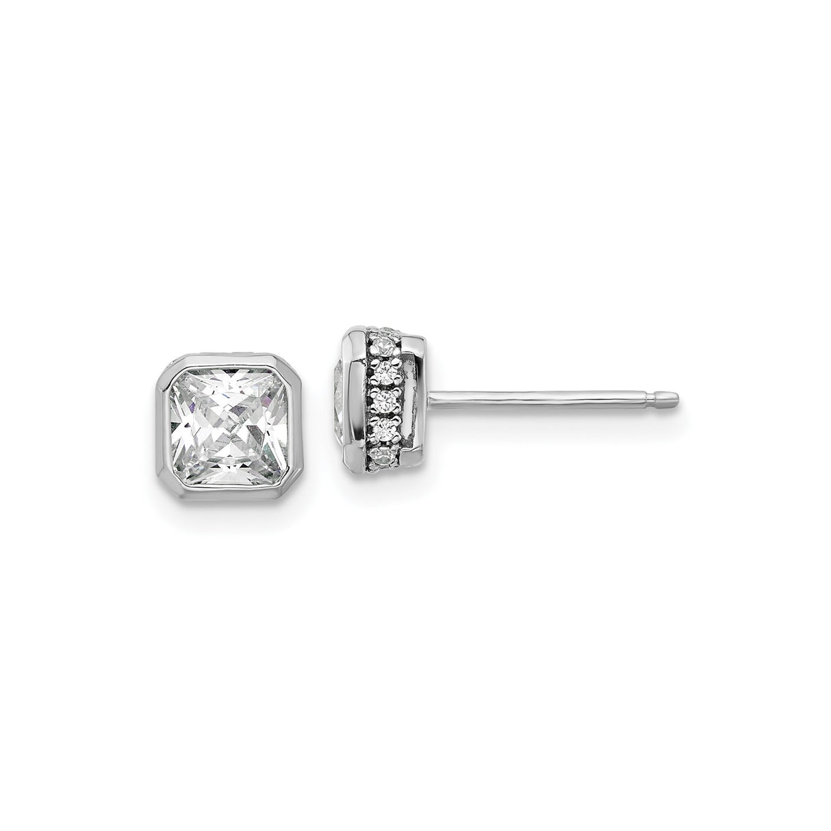 Sterling Silver Stud Earrings with Square Cut Cubic Zirconia and Halo Design