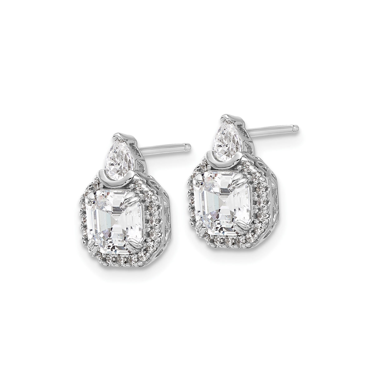 Sterling Silver Stud Earrings with Square Cut Cubic Zirconia, Halo Setting and Teardrop Accent