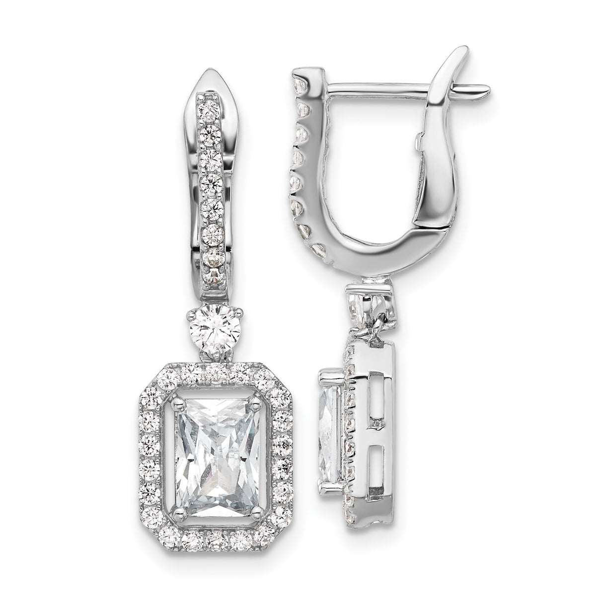 Sterling Silver Drop Earrings with Cushion Cut Cubic Zirconia and Halo Design