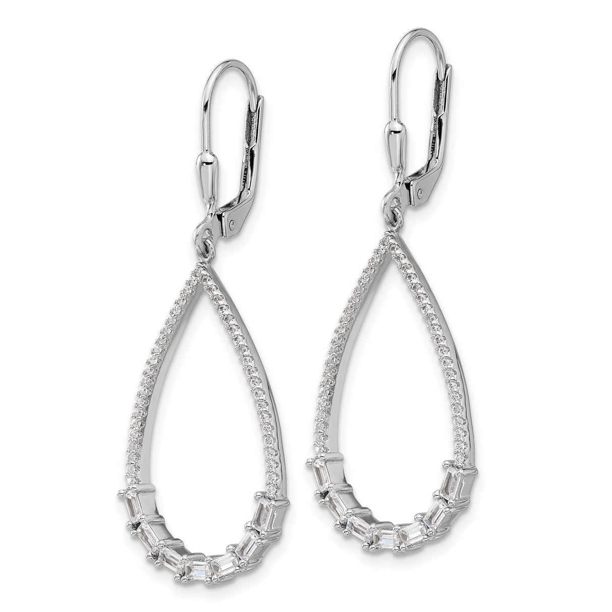 Sterling Silver Teardrop Dangle Earrings with Cubic Zirconia and Baguette Accents