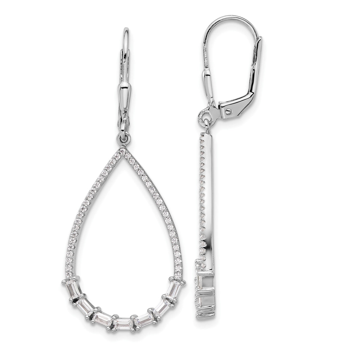 Sterling Silver Teardrop Dangle Earrings with Cubic Zirconia and Baguette Accents