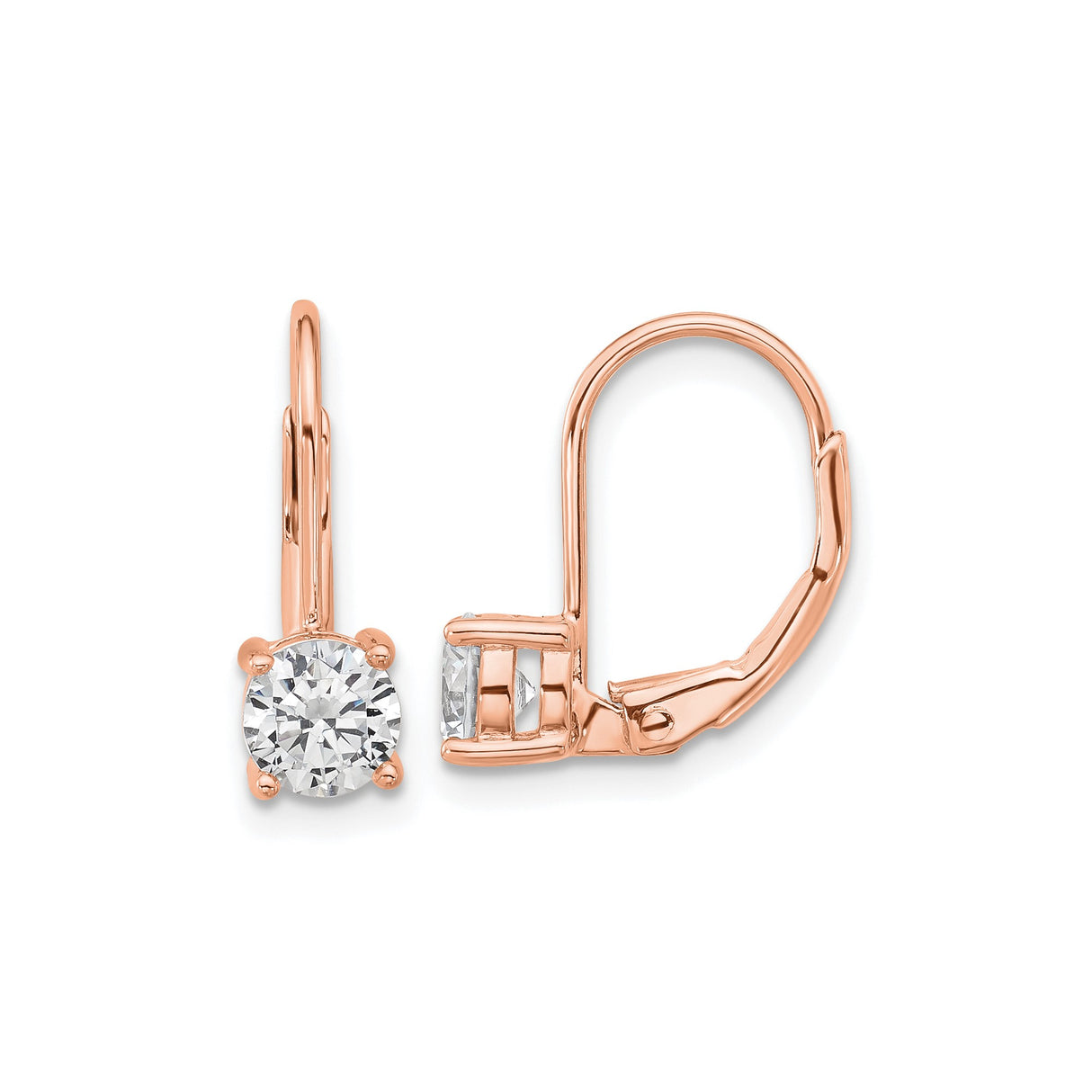 Sterling Silver Rose Gold Plated Leverback Earrings with Cubic Zirconia, Round Cut, Classic Prong Setting