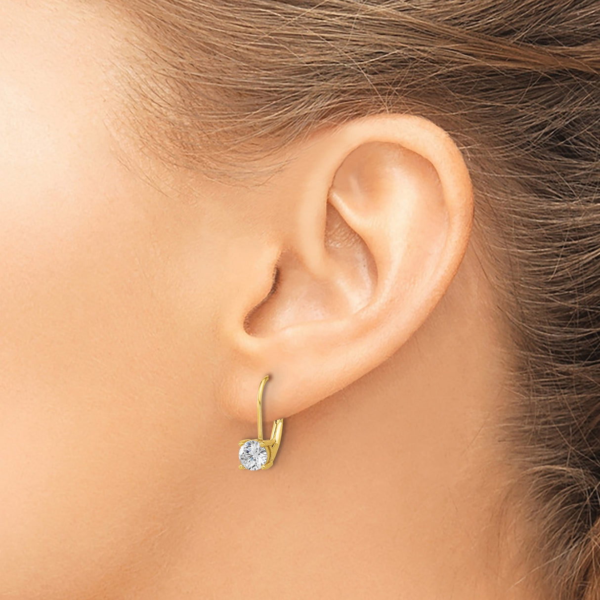 Sterling Silver Leverback Earrings with Cubic Zirconia Solitaire, Round Cut, Four Prong Setting