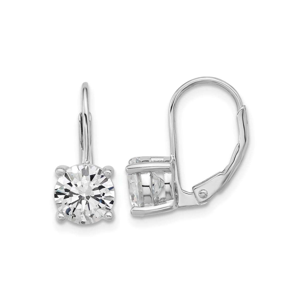 Sterling Silver Drop Earrings with Round Cut Cubic Zirconia, Four-Prong Leverback Design