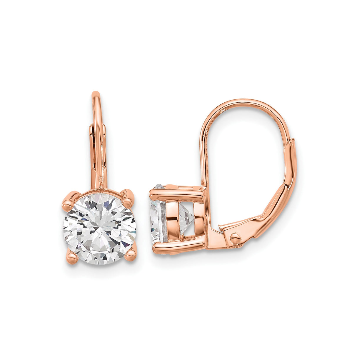 Sterling Silver Rose Gold Plated Leverback Drop Earrings with Round Cubic Zirconia