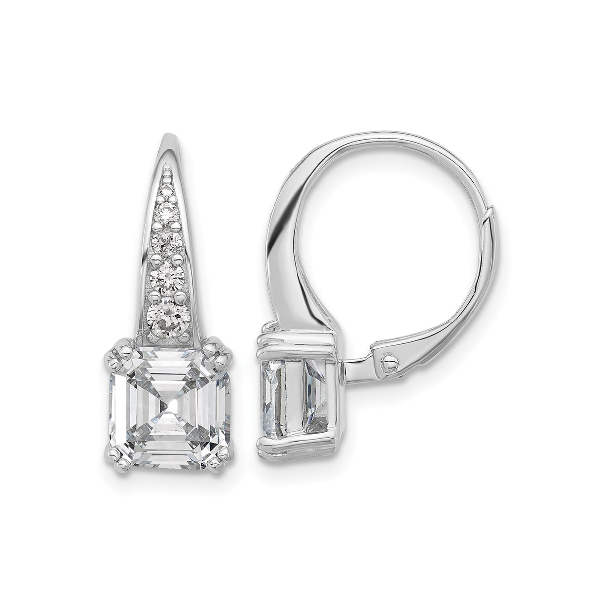 Sterling Silver Drop Earrings with Asscher Cut Cubic Zirconia and CZ Accents