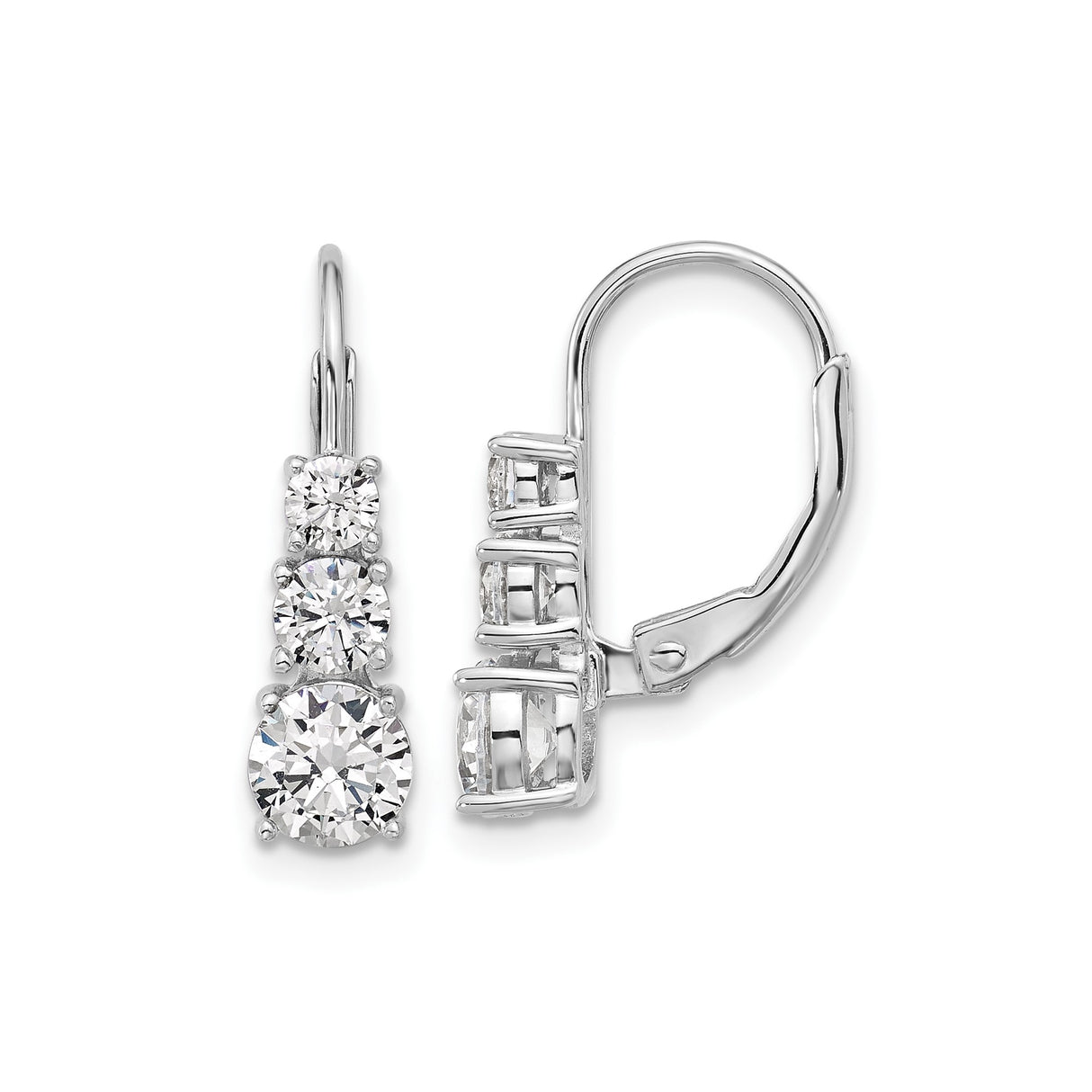 Sterling Silver Drop Earrings with Cubic Zirconia, Graduated Three Stone Dangle Design