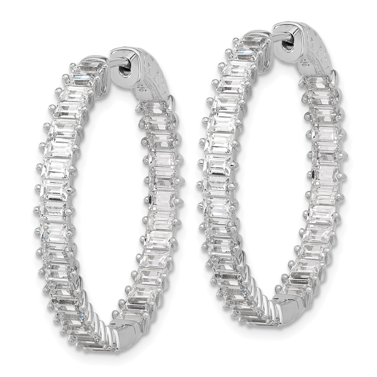 Sterling Silver Hoop Earrings with Double Row Baguette Cubic Zirconia, Rhodium Finish