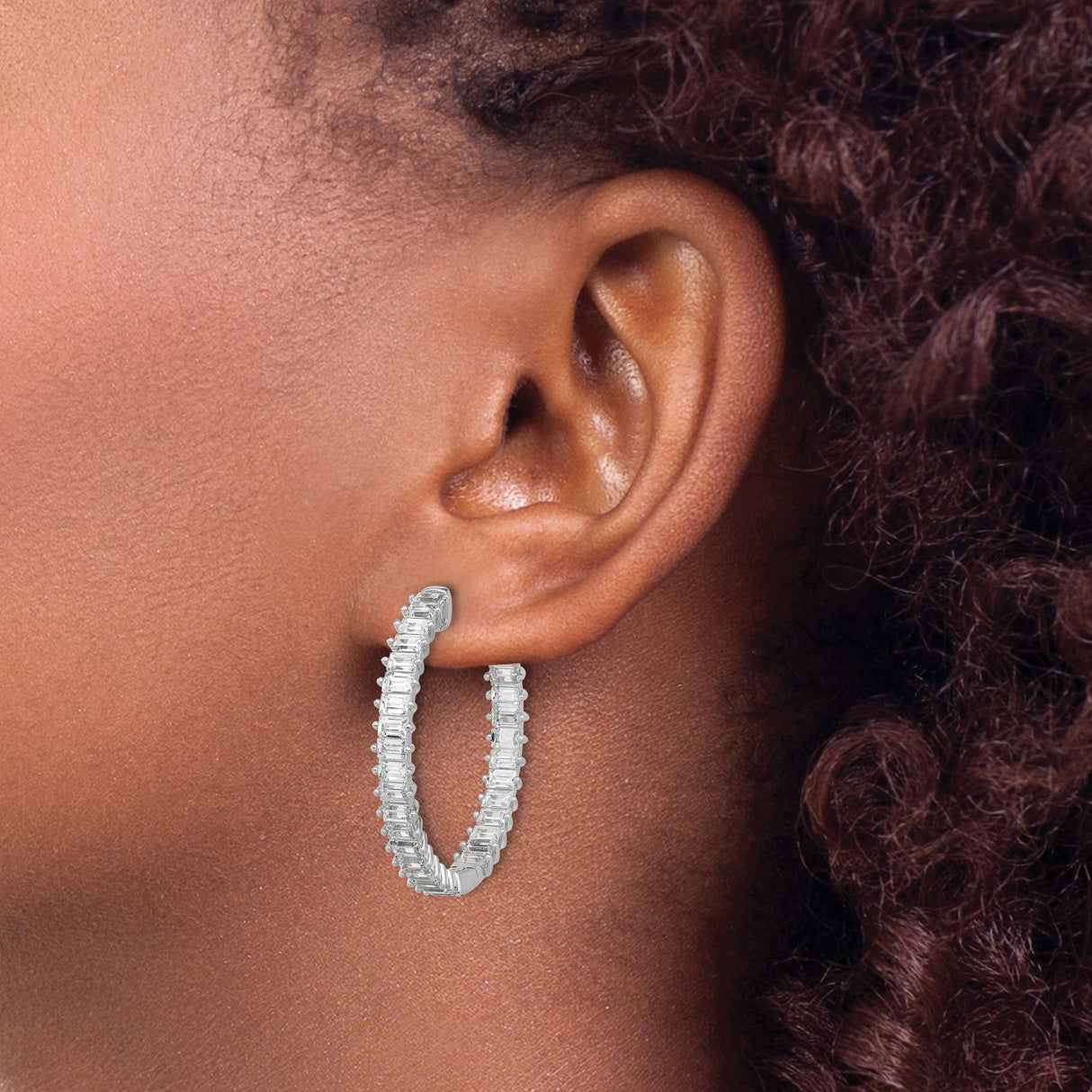 Sterling Silver Hoop Earrings with Double Row Baguette Cubic Zirconia, Rhodium Finish