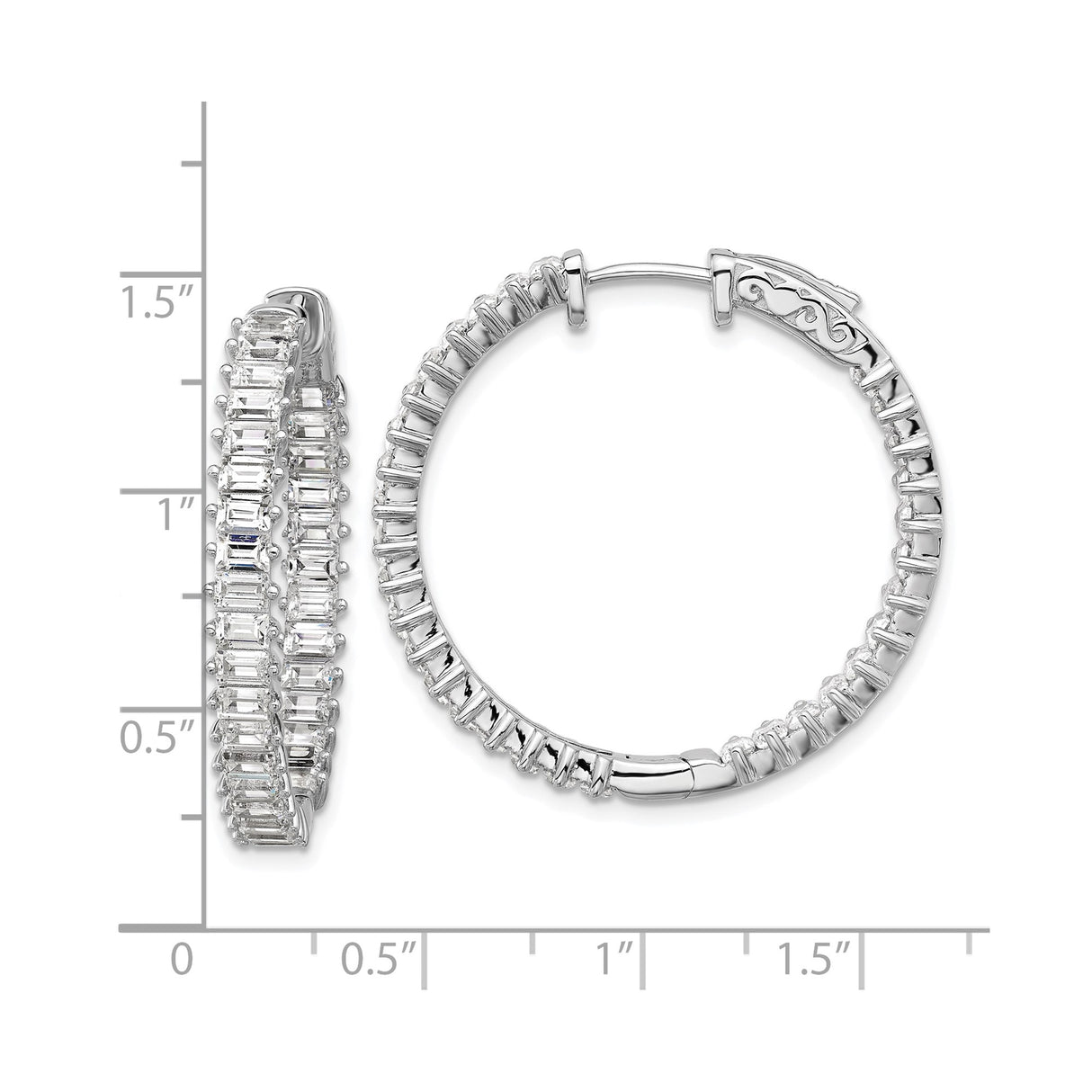 Sterling Silver Hoop Earrings with Double Row Baguette Cubic Zirconia, Rhodium Finish