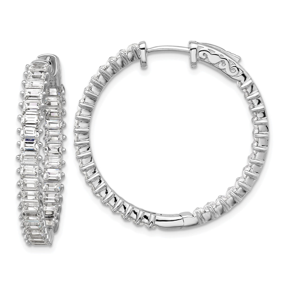 Sterling Silver Hoop Earrings with Double Row Baguette Cubic Zirconia, Rhodium Finish