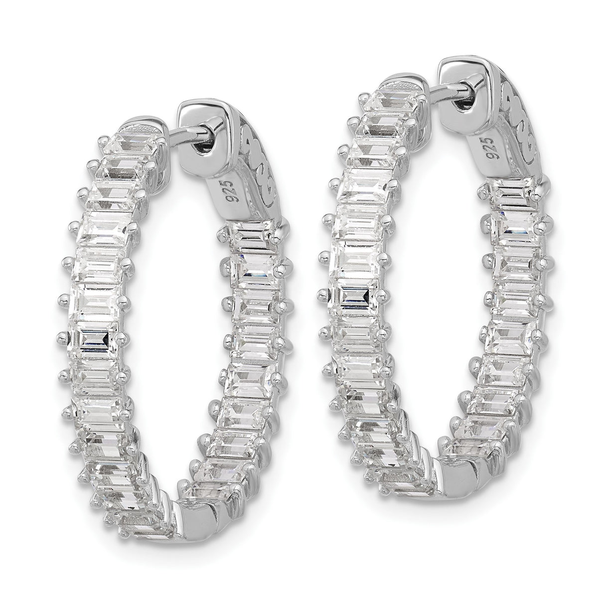 Sterling Silver Hoop Earrings with Baguette Cut Cubic Zirconia and Snap Lock Closure