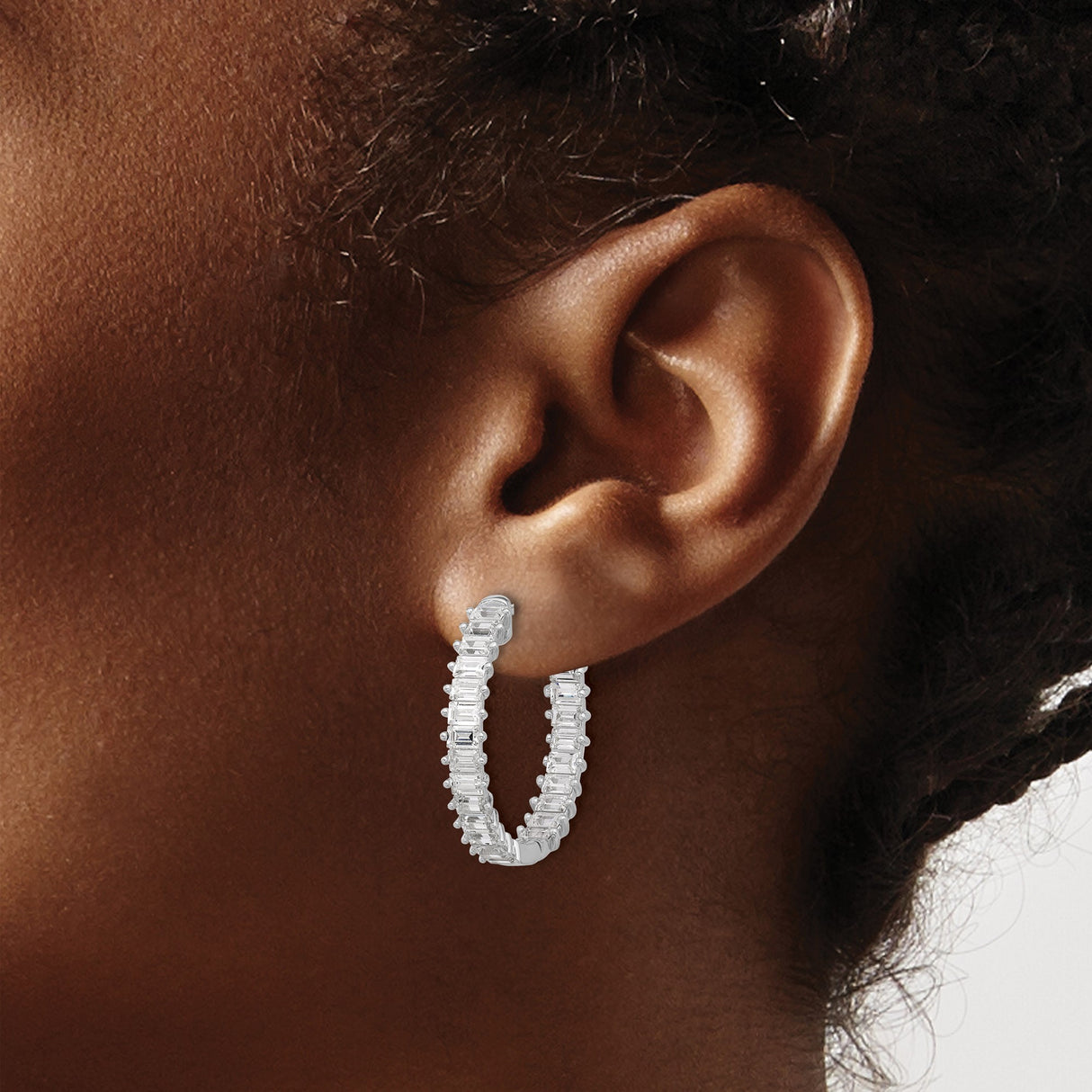 Sterling Silver Hoop Earrings with Baguette Cut Cubic Zirconia and Snap Lock Closure