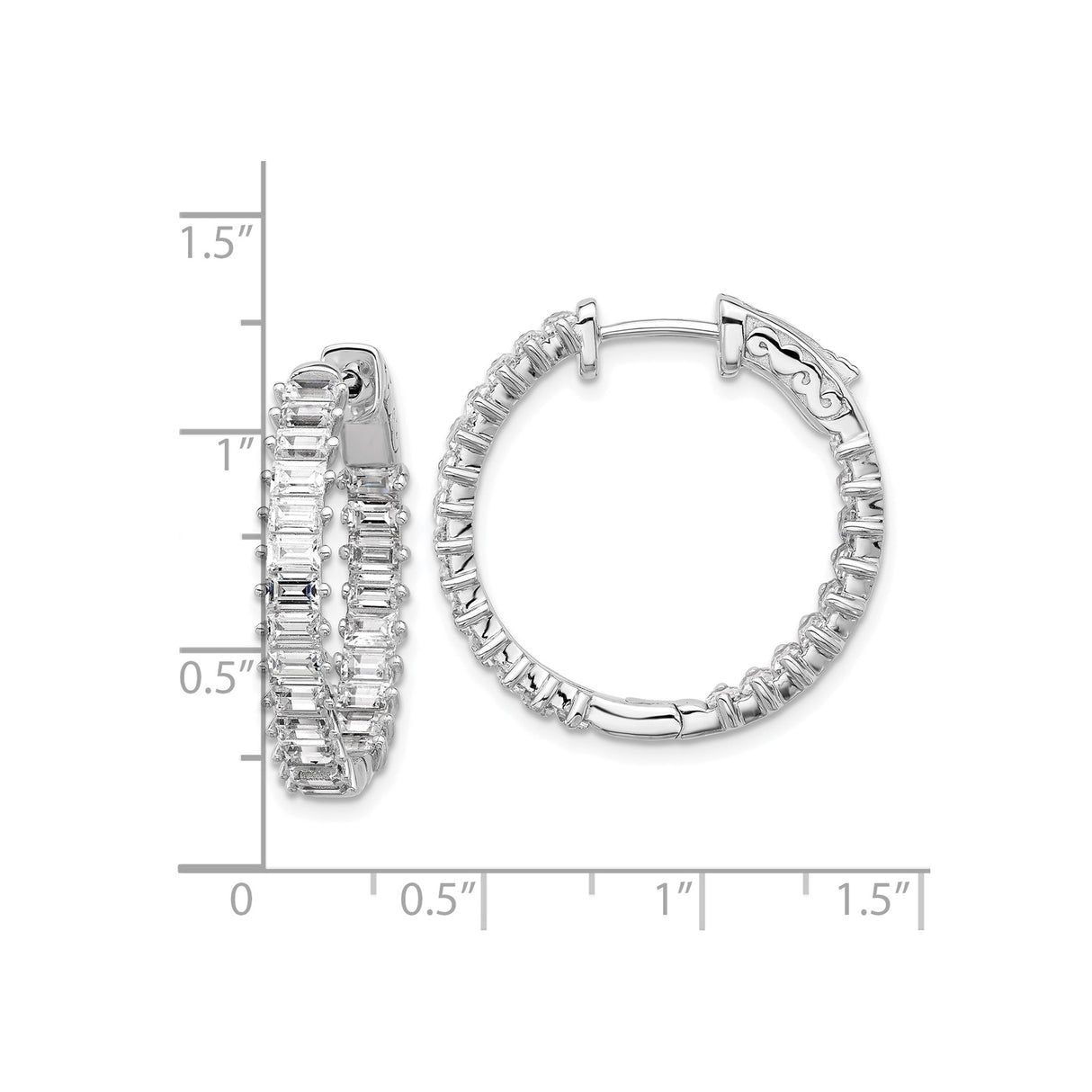 Sterling Silver Hoop Earrings with Baguette Cut Cubic Zirconia and Snap Lock Closure