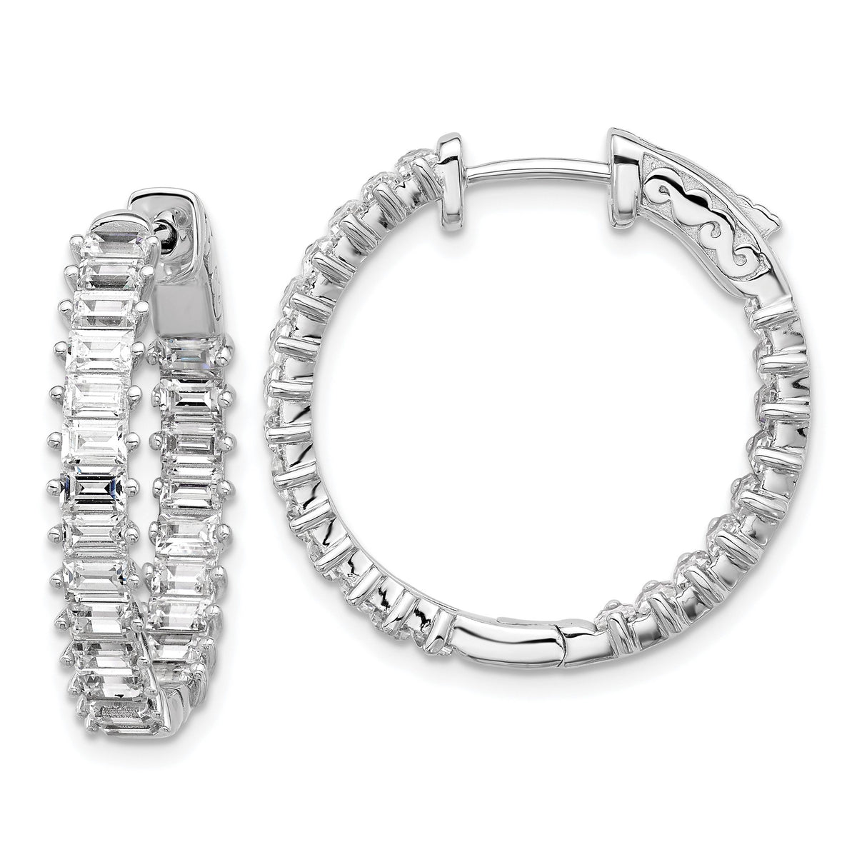 Sterling Silver Hoop Earrings with Baguette Cut Cubic Zirconia and Snap Lock Closure