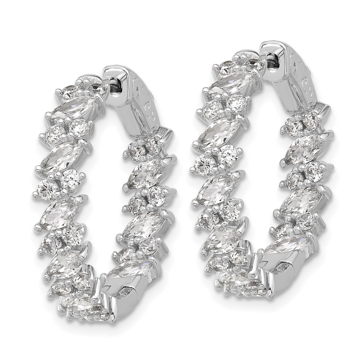 Sterling Silver Hoop Earrings with Marquise and Round Cubic Zirconia Prong Set Stones