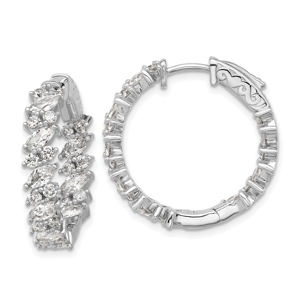 Sterling Silver Hoop Earrings with Marquise and Round Cubic Zirconia Prong Set Stones